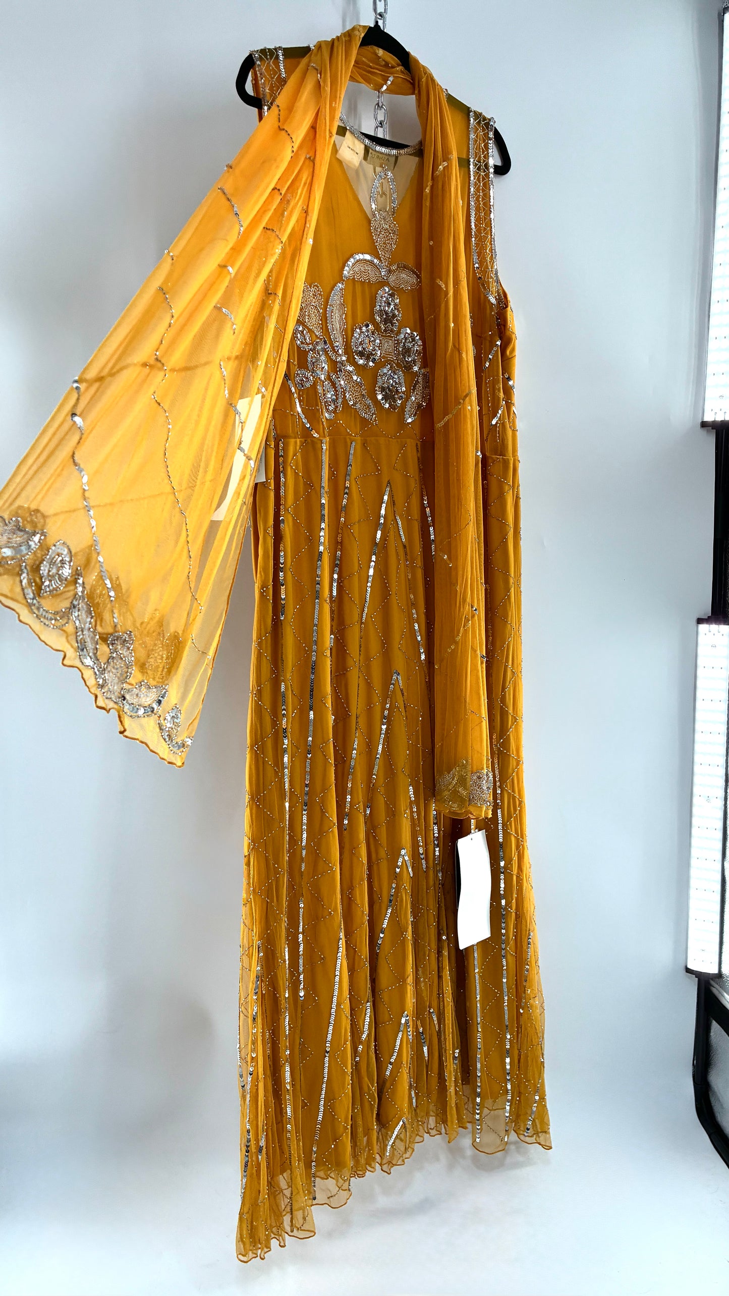 Deadstock Vintage ASHRO 1990s Mustard Yellow Dress with Sheer Back, Neck Scarf and Silver Beading (XXL)