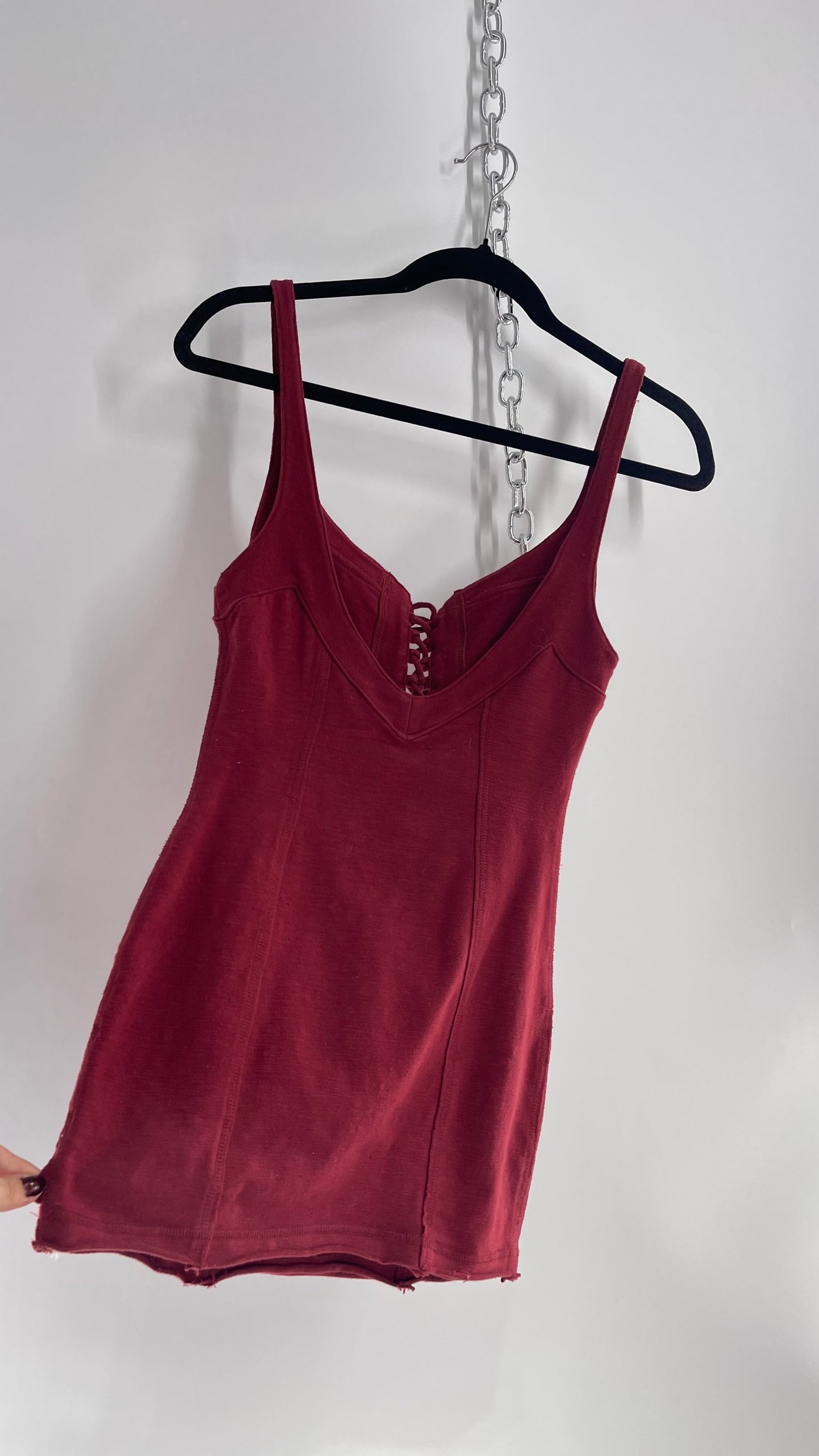 Free People Burgundy Knit Tank with Lace Up Neckline (XS)