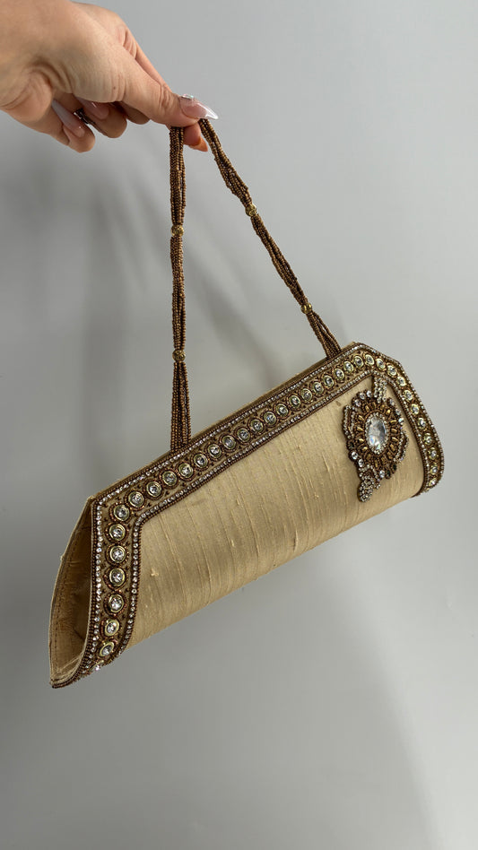Vintage 1990s Asymmetric Gold Purse with Beading and Rhinestone Detailing