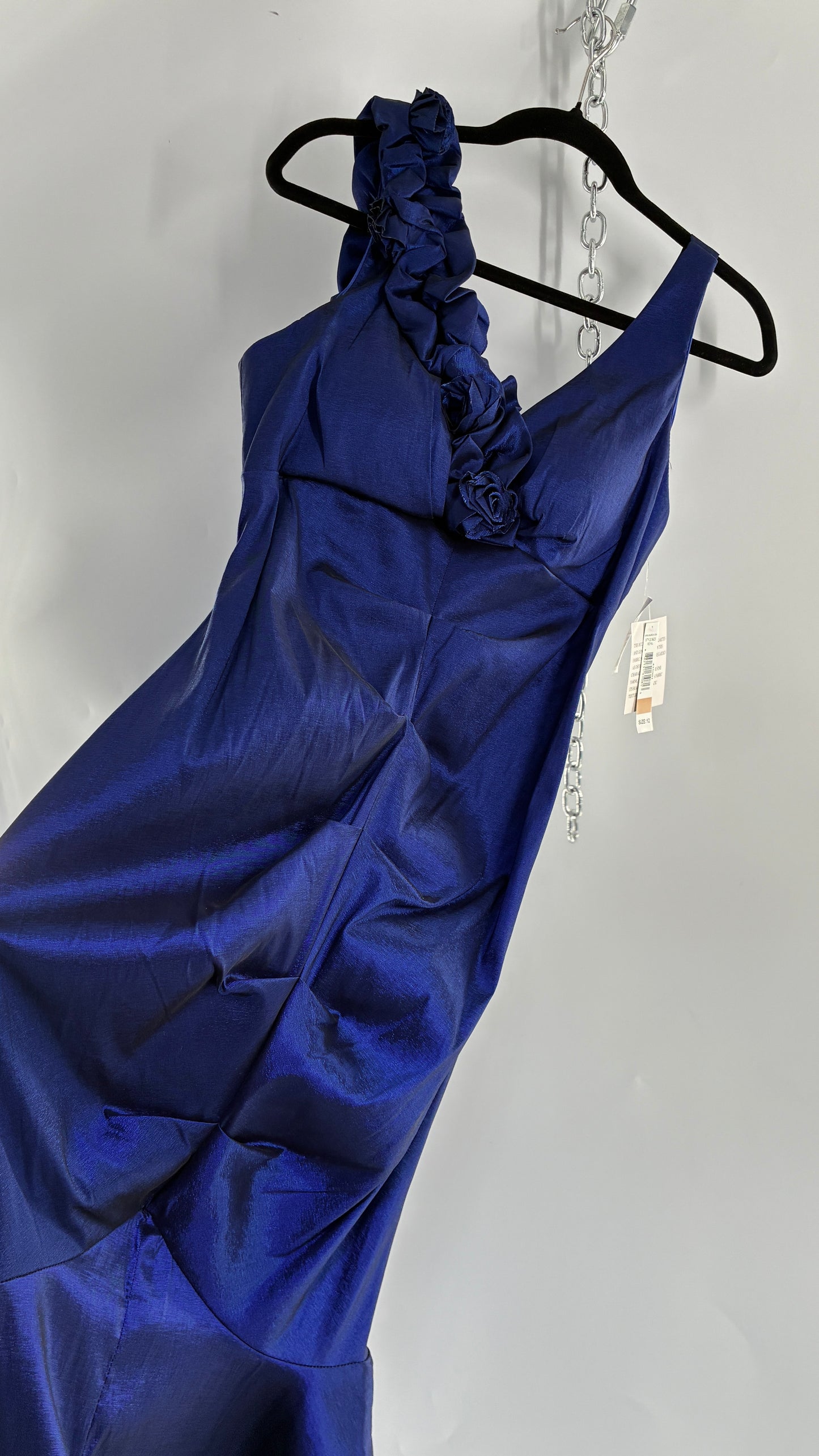 Deadstock Vintage Iridescent Metallic Taffeta Royal Blue Ruched Bodice and Floral Appliqué Gown (12)