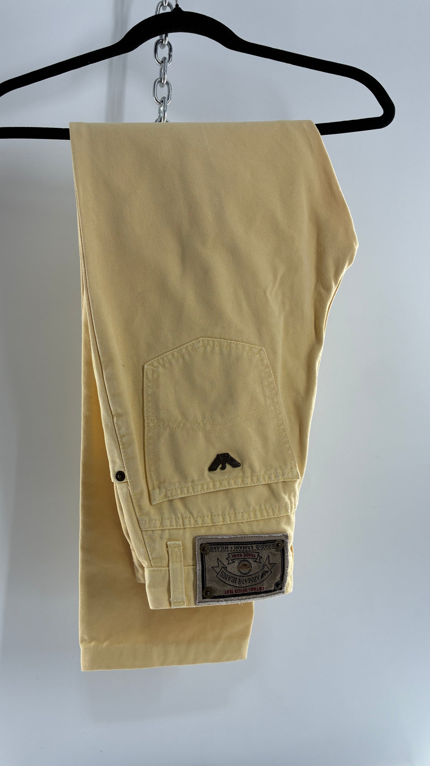 Vintage GIORGIO ARMANI Baby Yellow High Waisted Jeans with 80s Jacron Made in Italy  (29)