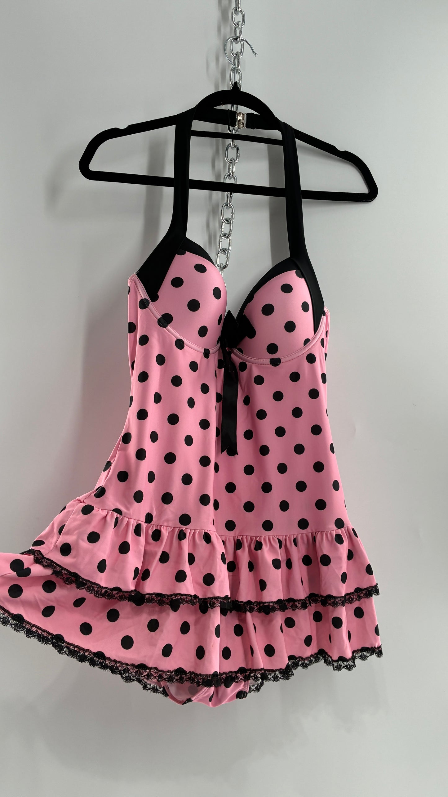 Vintage Retro Style Pink Polka Dotted Swim Dress with Ruffled Skirt and Underwire Bust (XL)