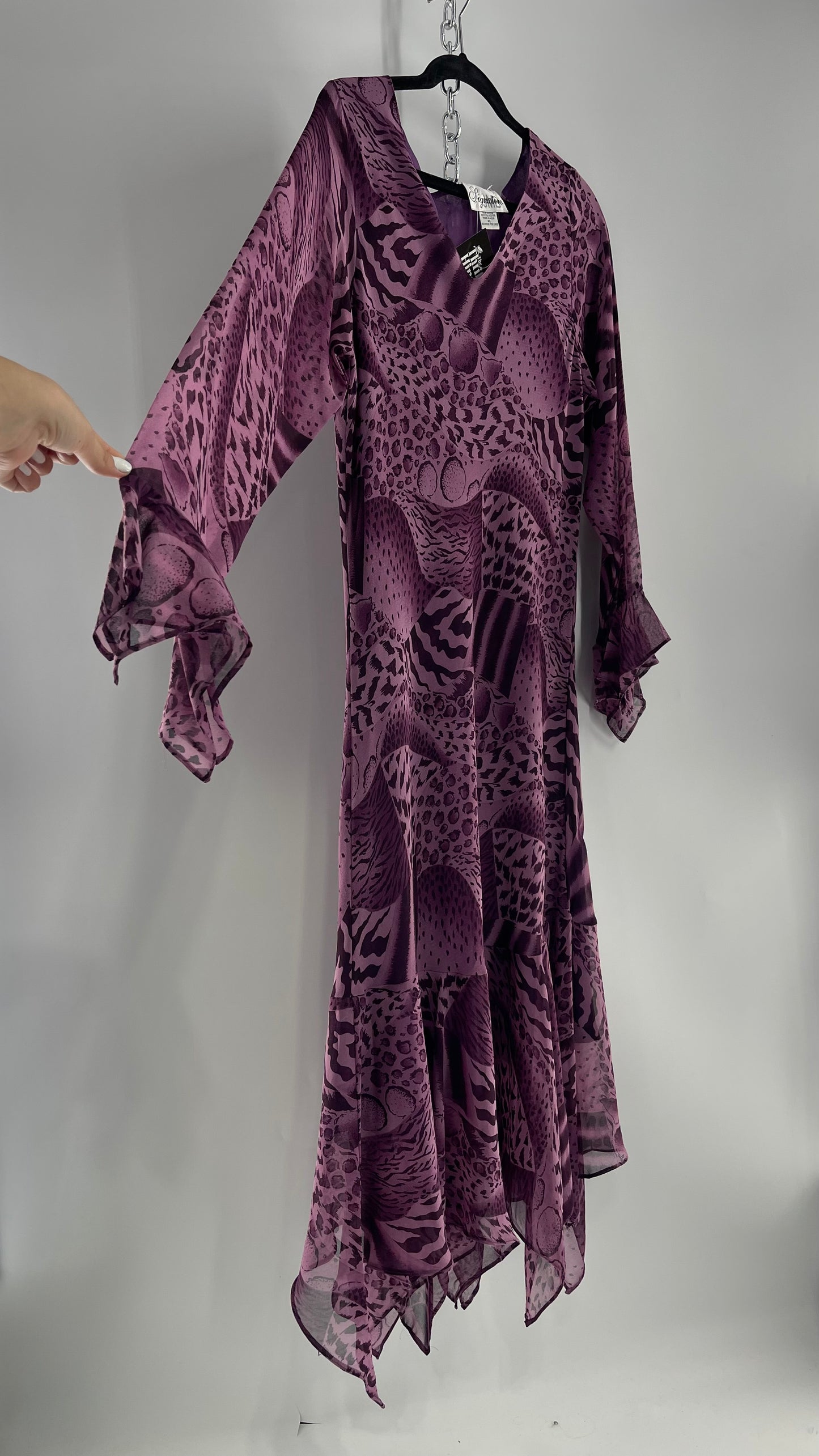 Vintage Signature JMB Suga Plum Fairy, Purple Maxi with Animal Print, Handkerchief Hem and Sleeves (XL)