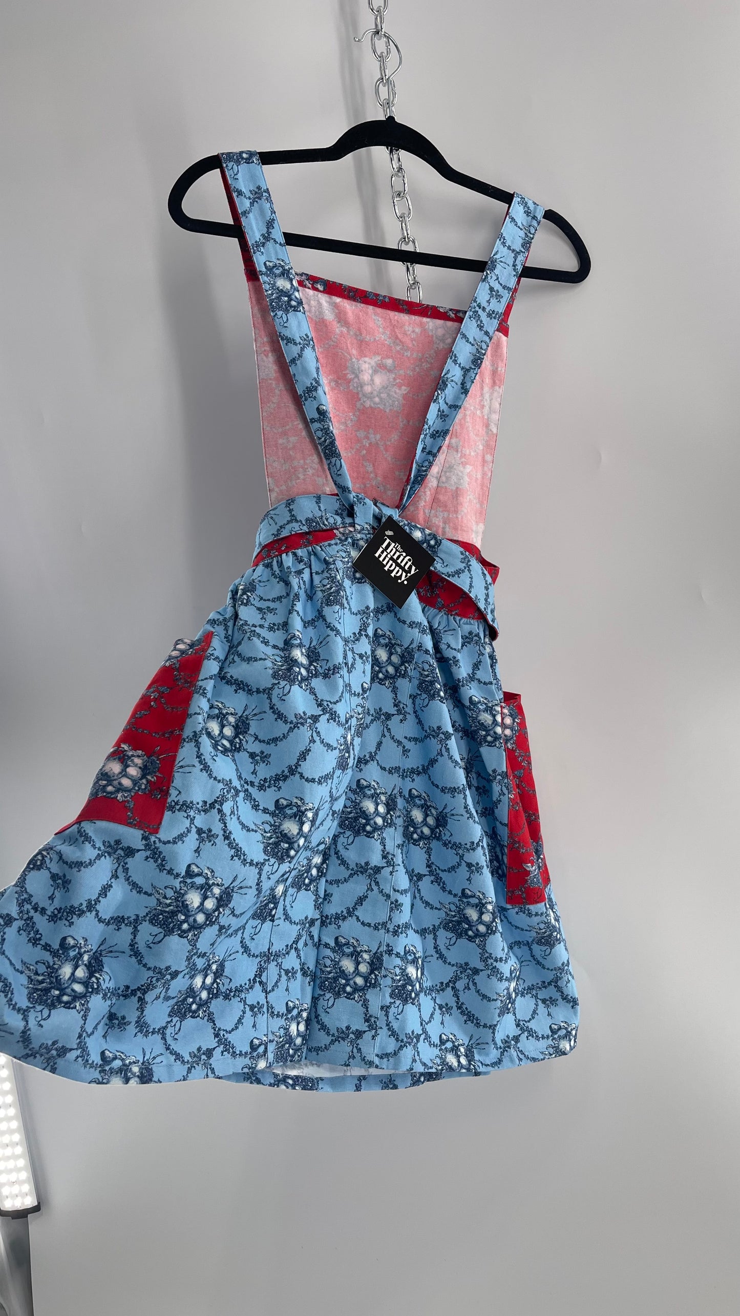 Vintage Apron Red and Baby Blue Floral/Citrus Patterned Mini Dress with Tie Around Bow (S\M)