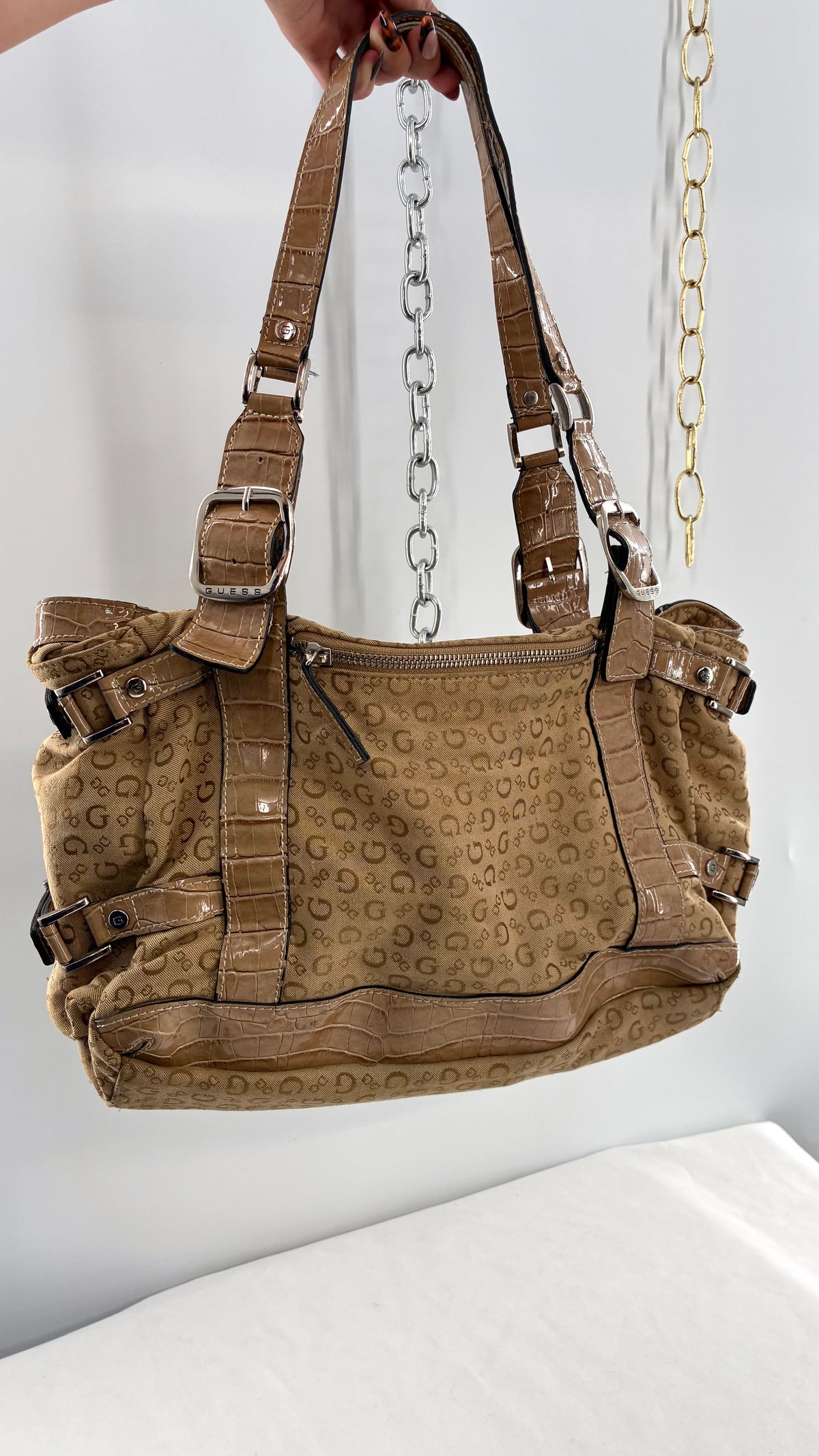 Vintage Guess Tan Monogram Shoulder Bag With Croc-Embossed Trim