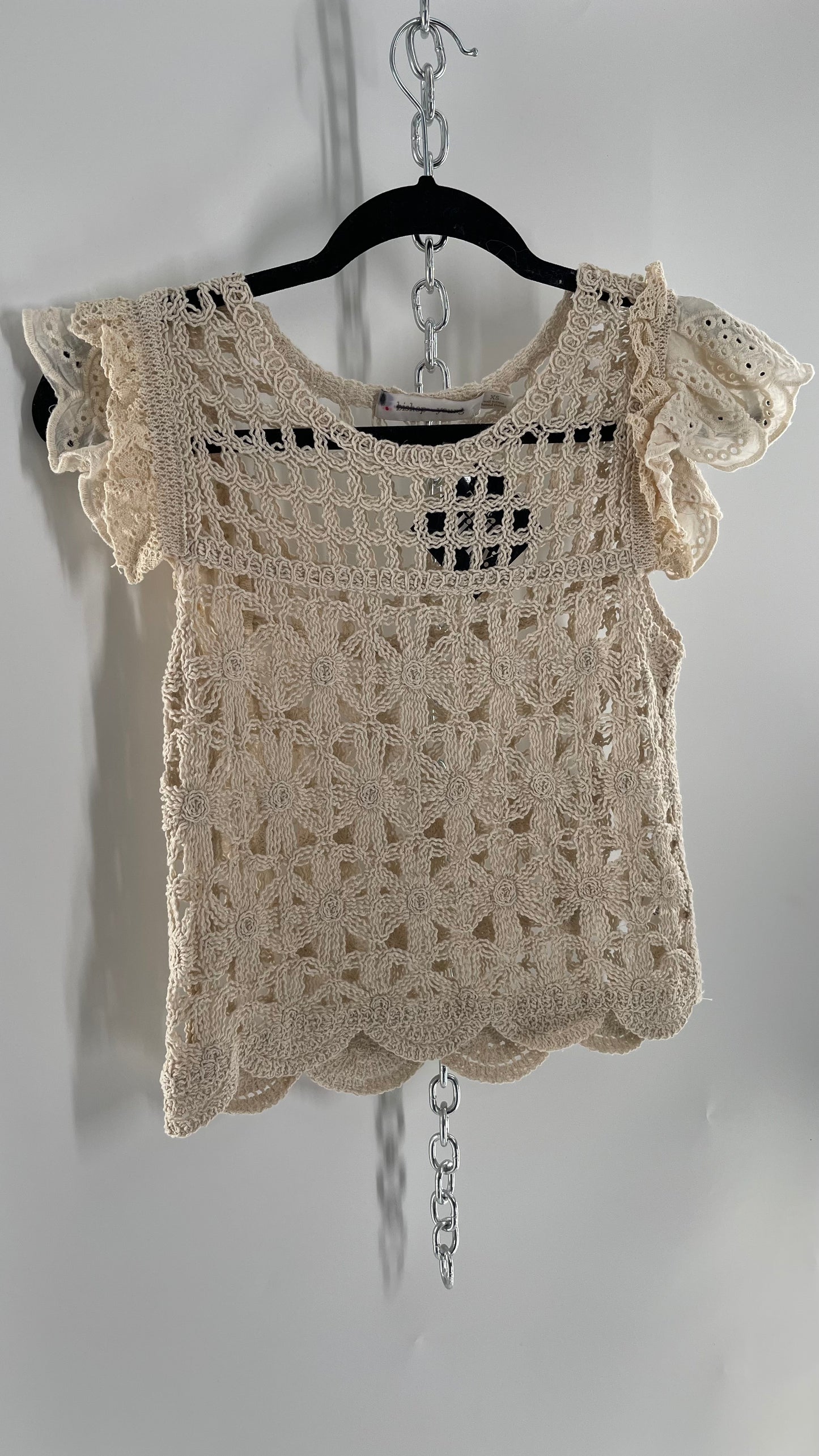 Bishop + Young Anthropologie Crochet Tank with Scalloped Hem and Lace Lined Sleeves (Medium)