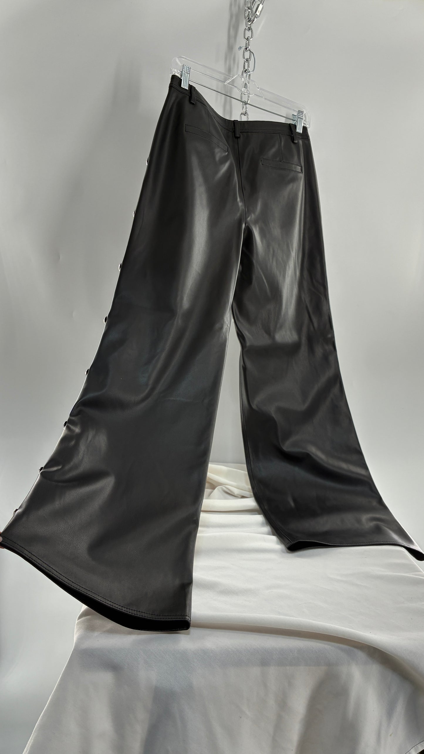 Vintage MILLY Black Vegan Leather Wide Leg Pants with Silver Oversized Studs