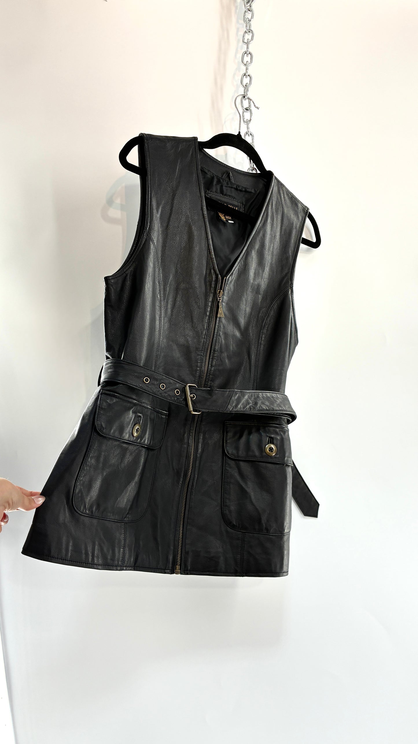 Vintage OTELLO PELLE Black Genuine Leather Belted Vest or Mini Dress Overlay (Small)