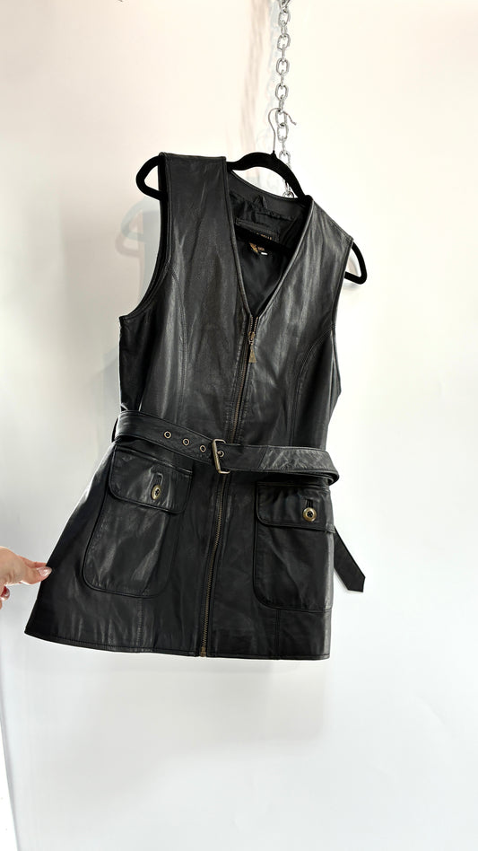 Vintage OTELLO PELLE Black Genuine Leather Belted Vest or Mini Dress Overlay (Small)