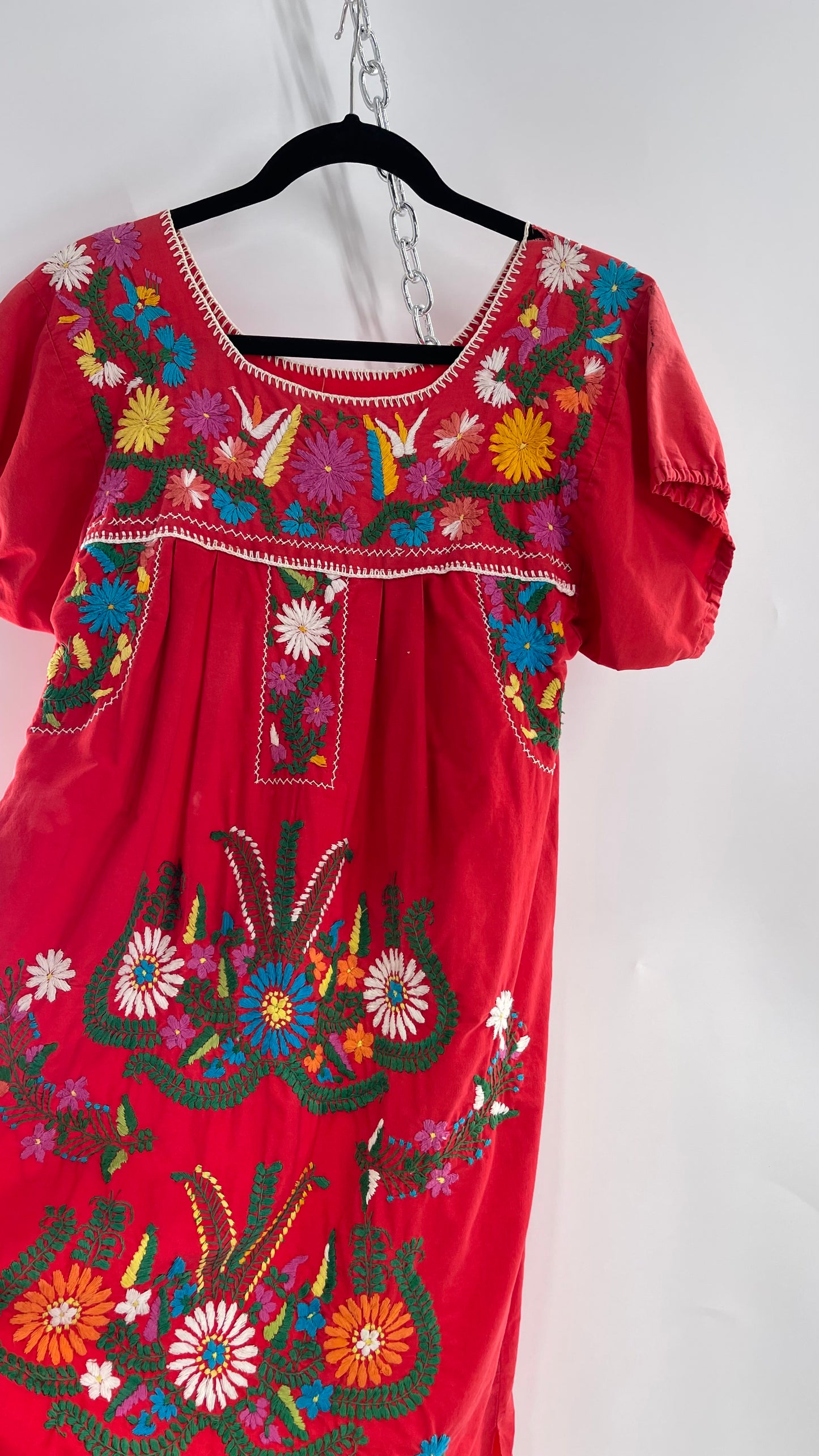 Vintage 1970s Red Cotton Dress with Hand Embroidered Florals Imported from Mexico (Small)