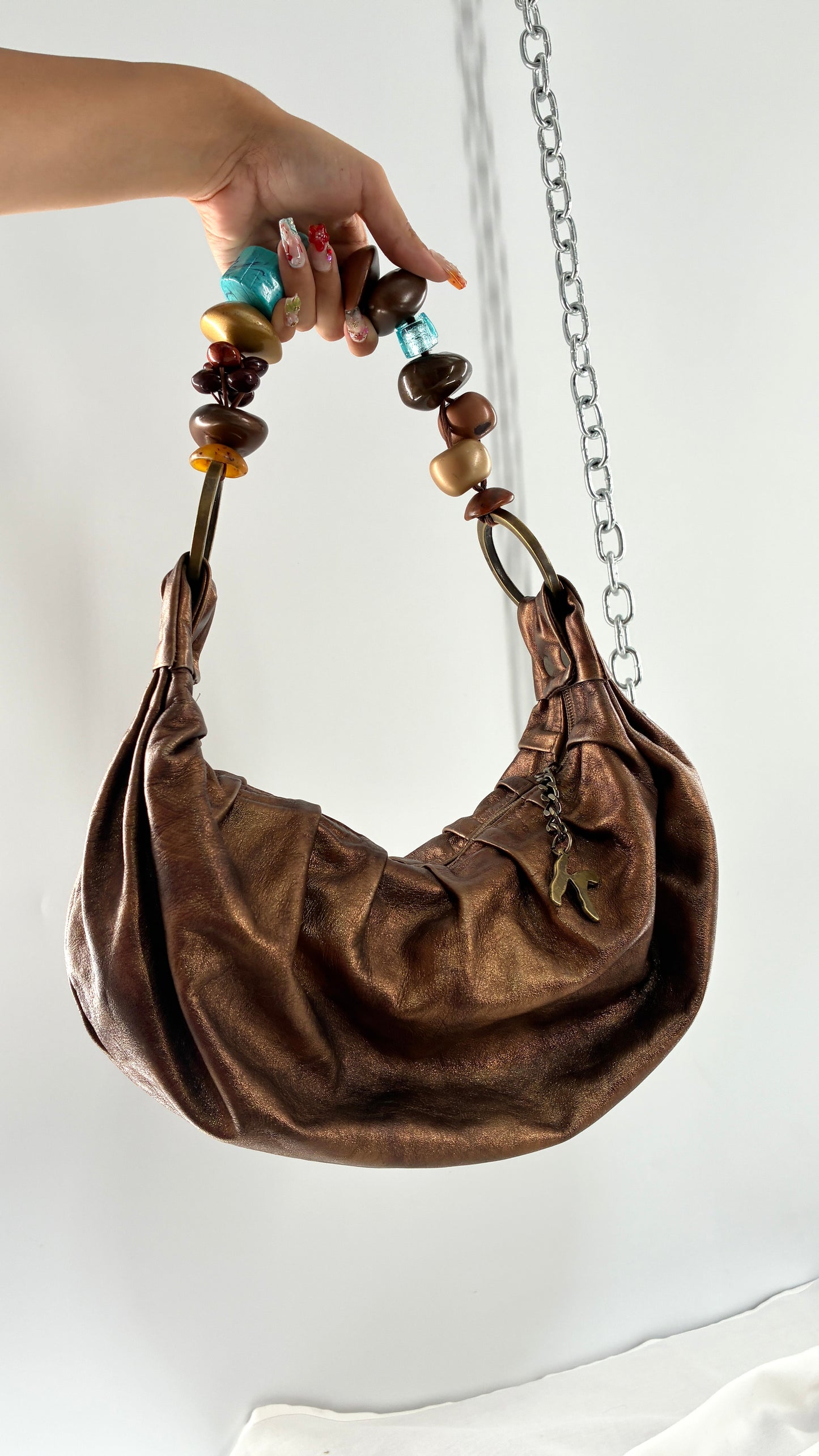 Vintage KARKABA  Metallic Bronze Leather Bag with Exaggerated Beaded Handles
