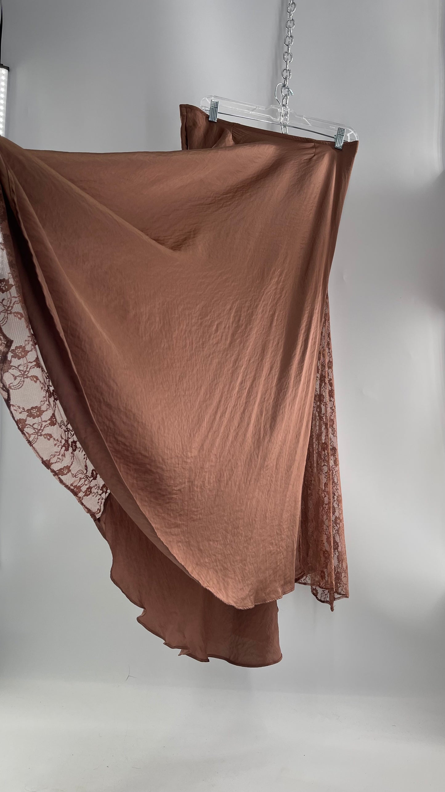 Intimately Free People Brown/Dusty Mauve Satin Maxi Skirt with Lace Paneling (Medium)