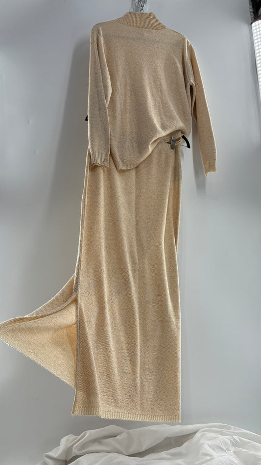 Terry Lewis Classic Luxeries Beige Knit Sweater and Skirt with Gold Tinsel Thread and Rhinestone Collar (Large)