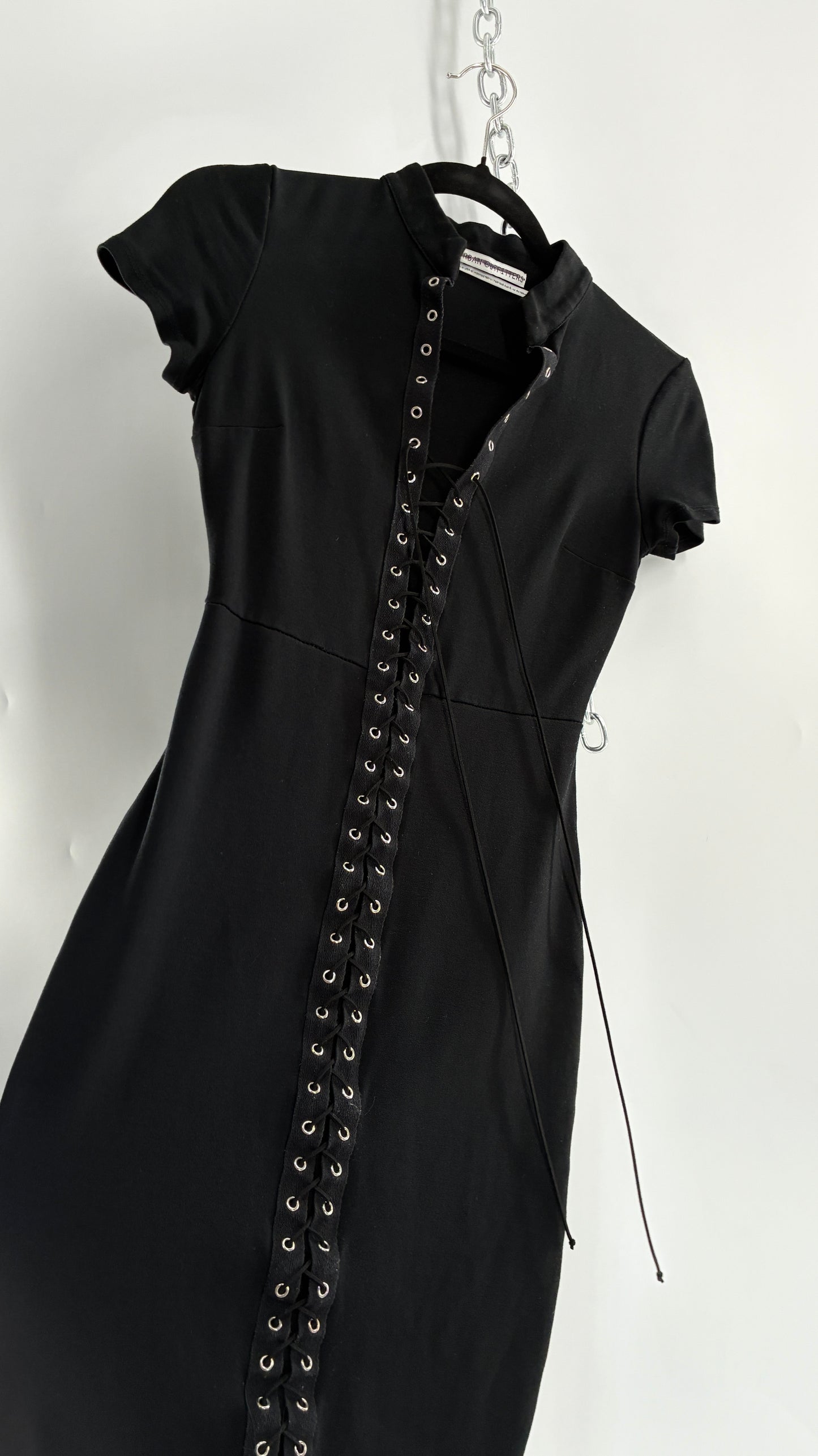 Urban Outfitters Black Midi Bodycon Dress with Tie Up Front and Vented Hem (XS)