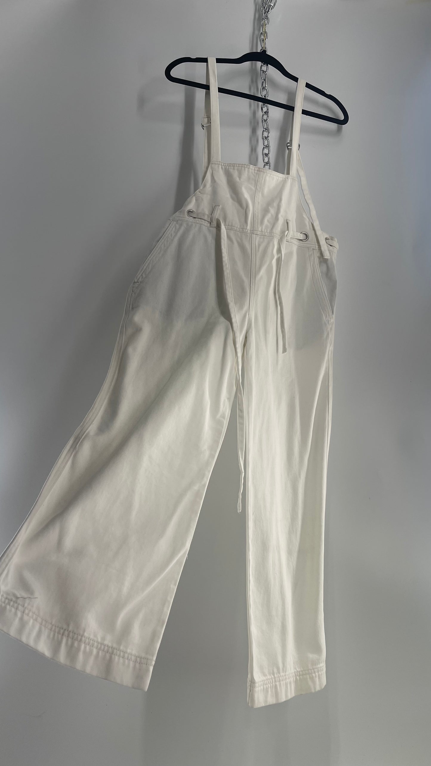 Free People White Denim Jumpsuit with Low Front and Open Back (Small)