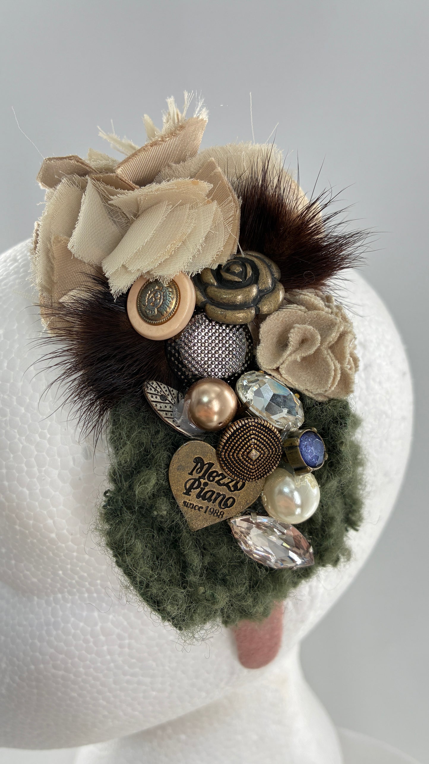 Vintage FARMER Handmade Pink Knit Headband with Wool, Buttons and Fur Appliqués