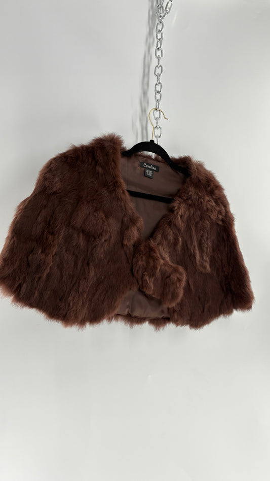 Vintage CAROLINE 100% Rabbit Fur Brown Shrug Cape with Oversized Round Buckle (One Size)