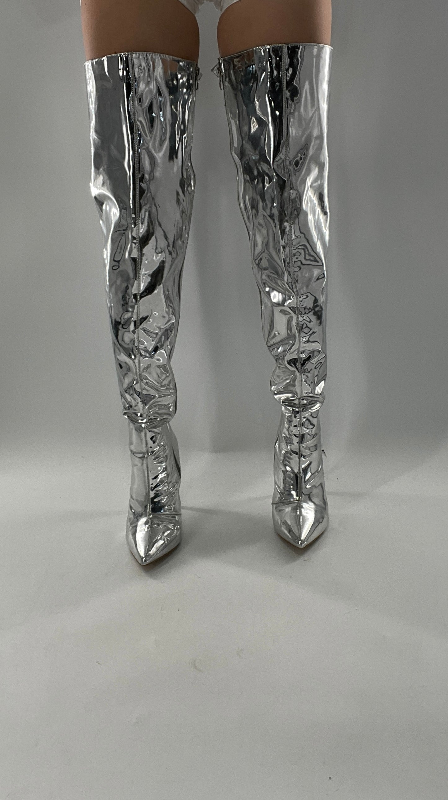 Vintage Chrome Platinum Mirrored Thigh High Molten Metal Sky High Boots Space Cadet/Concert (7)