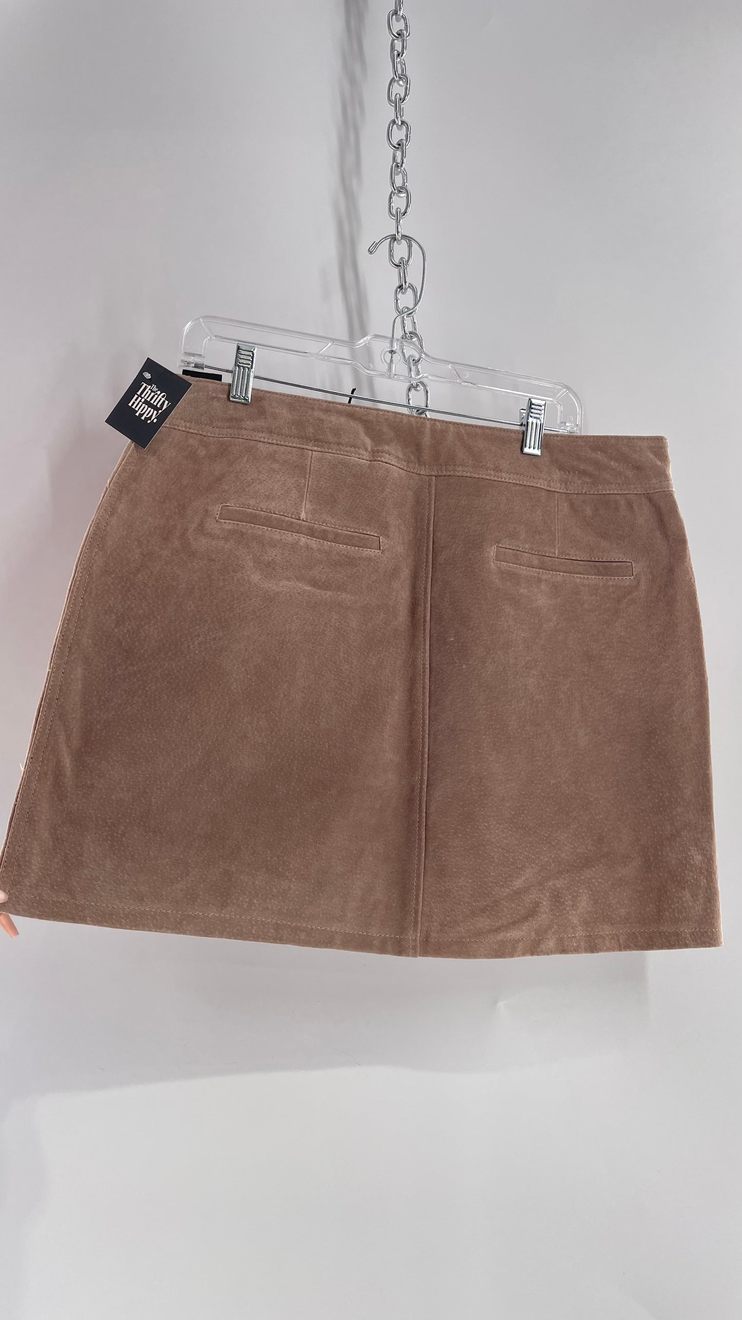 Blank NYC Taupe Tan Suede Leather Mini Skirt with Side Belt, Pocket, and Zipper Details (32)