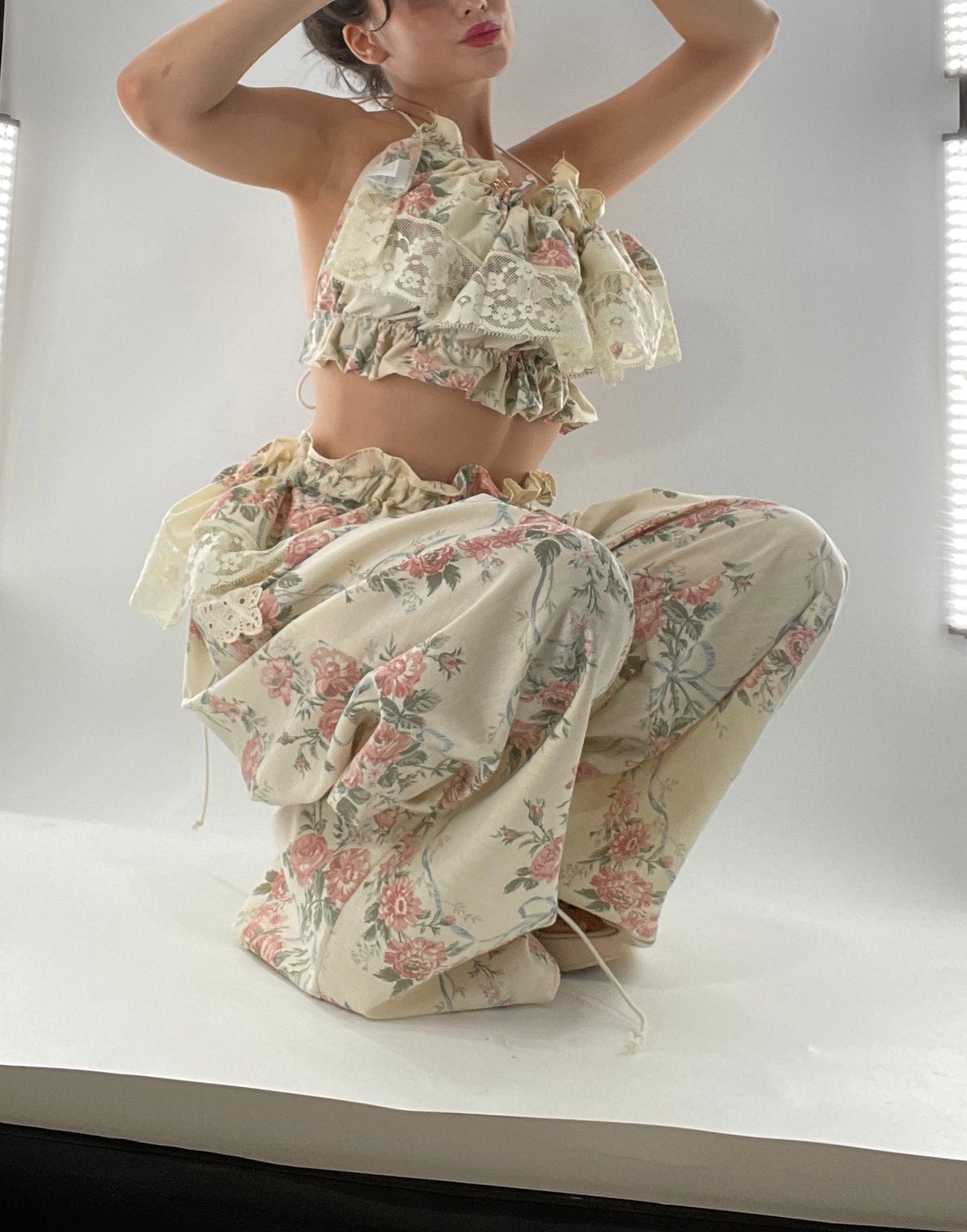 Vintage Set Covered in Delicate Dainty Florals, Bows and Lace (One Size, Adjustable)