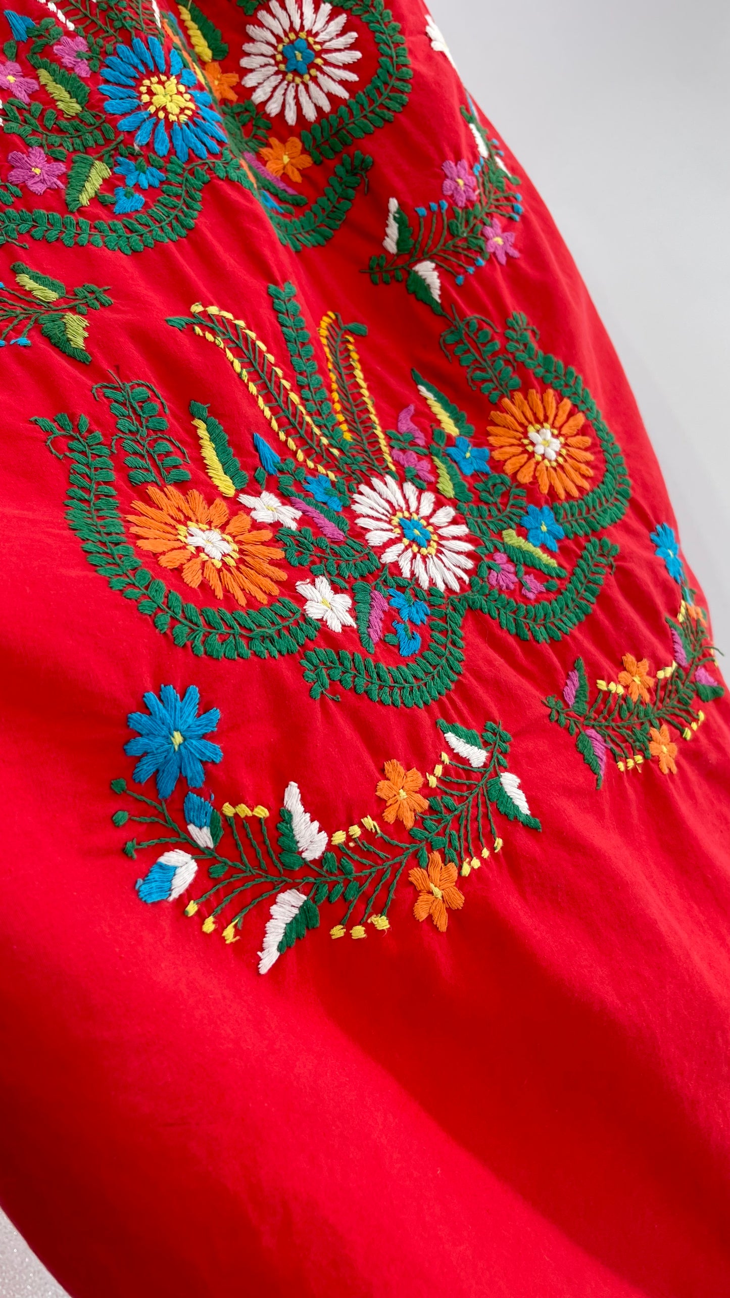 Vintage 1970s Red Cotton Dress with Hand Embroidered Florals Imported from Mexico (Small)