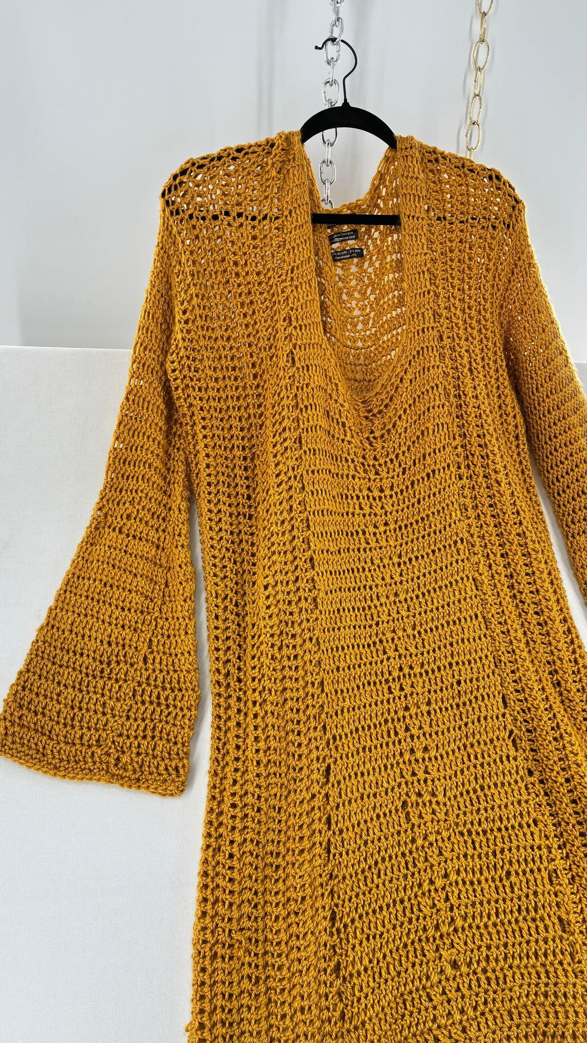 Vintage AUDRIE DESIGNS Mustard Crochet Bell Sleeve Duster Sweater Gown, Hand Knit  (OS)