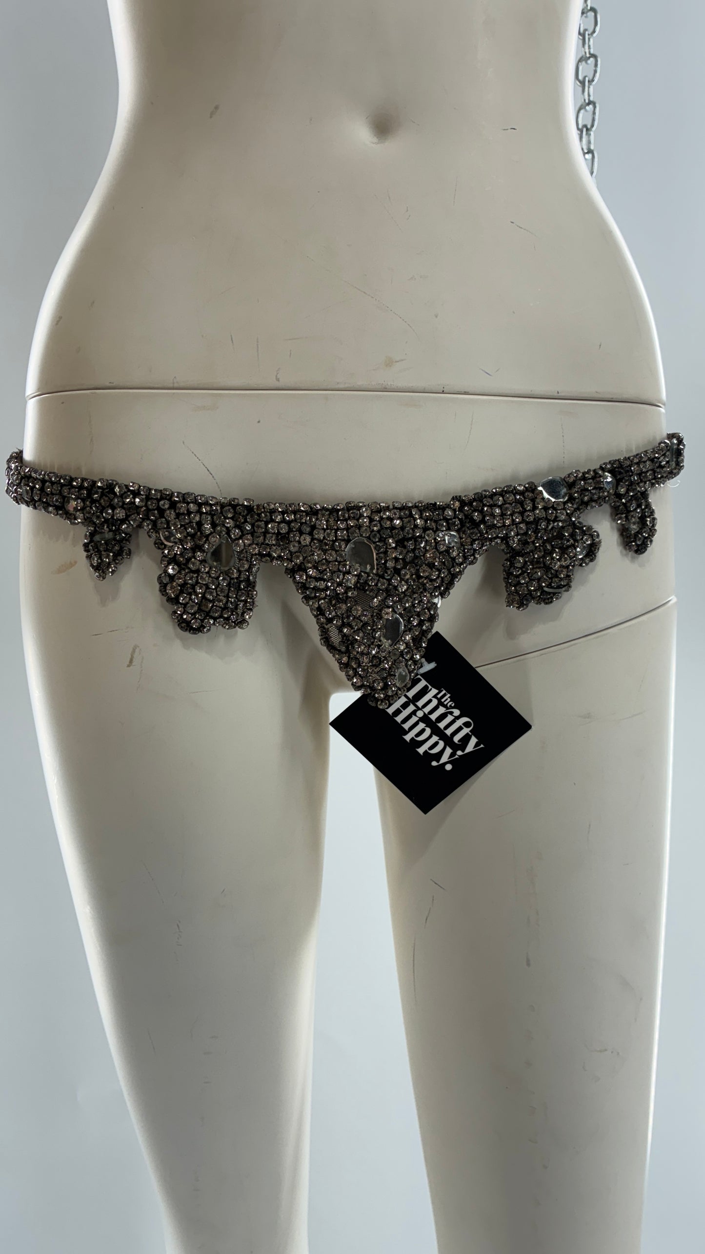 Vintage Brown Suede Leather Scalloped Belt Covered in Rhinestones and Heavy Ornate Beading