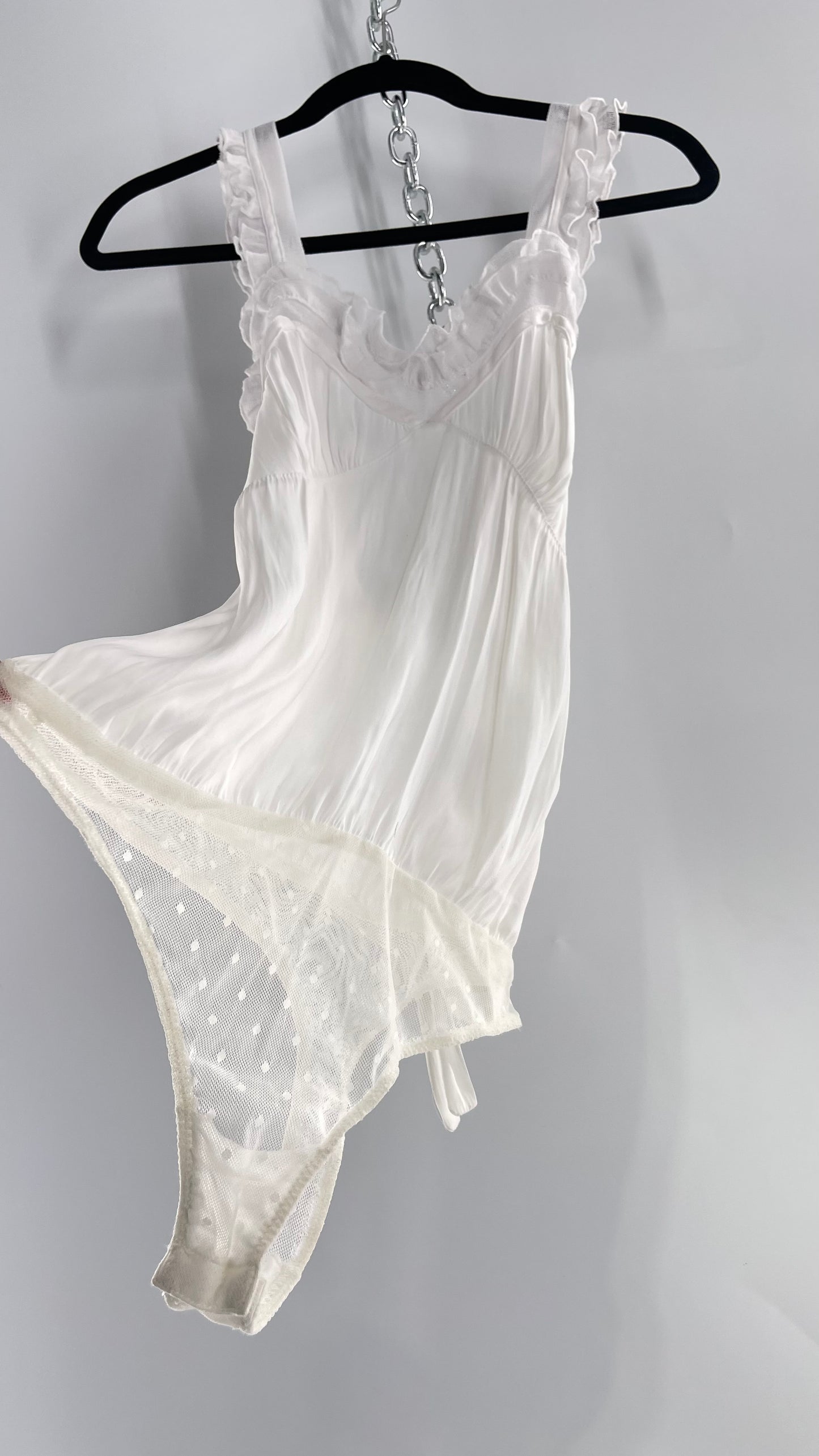 Free People White Silky Soft Bodysuit with Ruffled Bust-line and Straps (M)
