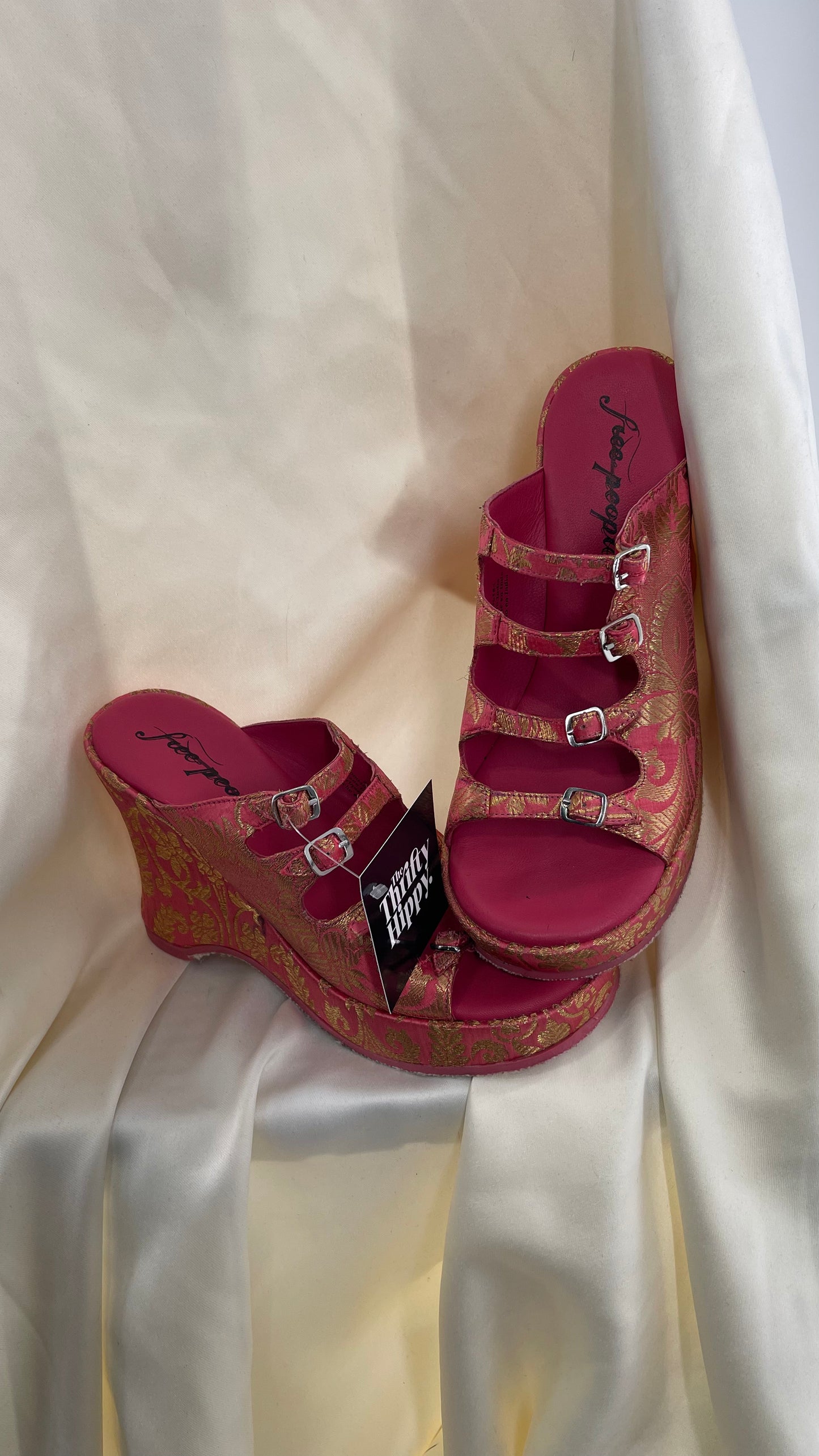 Free People Hot Pink Hoffman Buckle Front Wedge Heels with Satin Gold Paisley/Brocade Pattern (37)