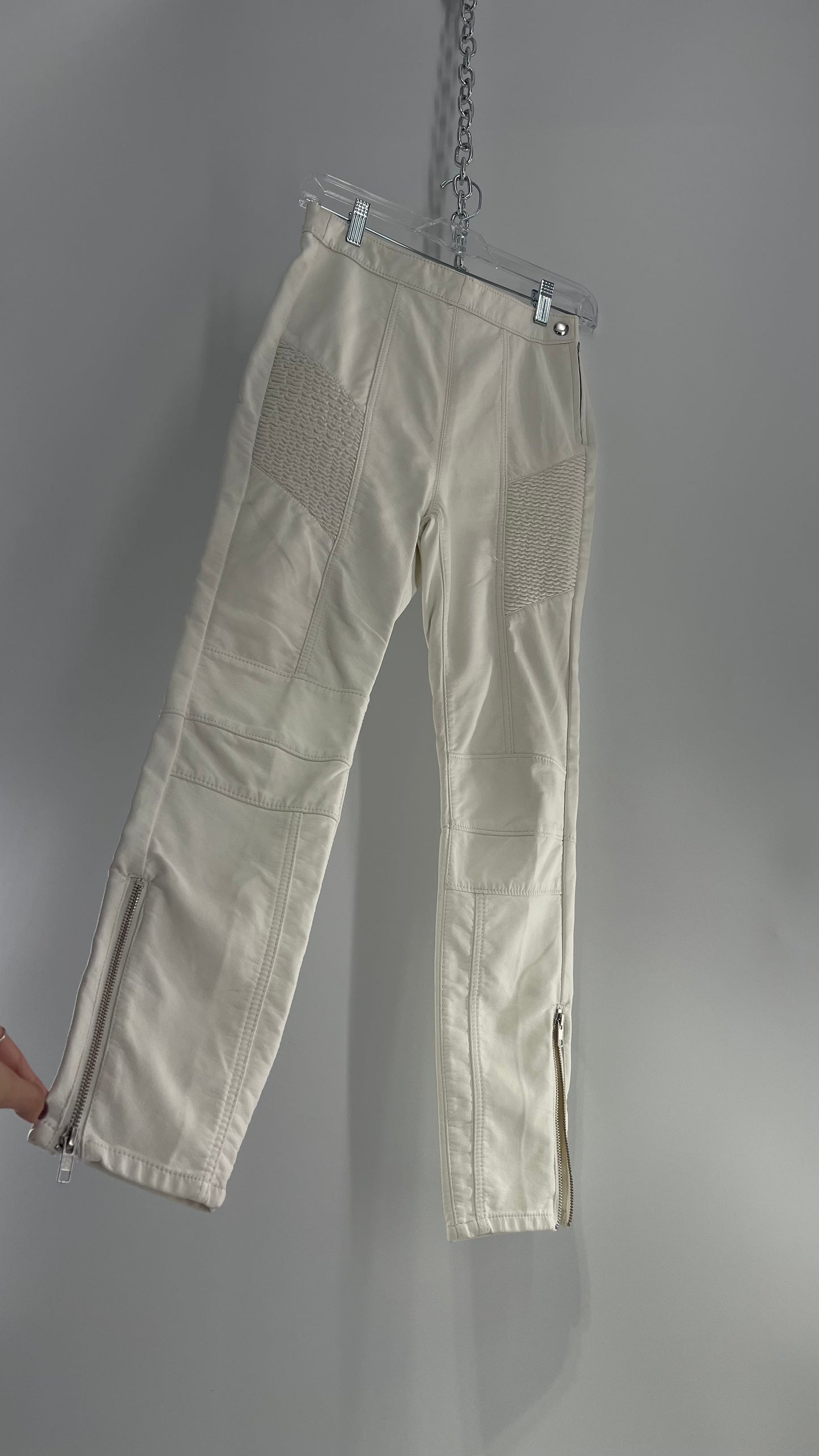 Free People Off White Vegan Leather Zipper Ankle, Pleated Panels Moto Pant (2)