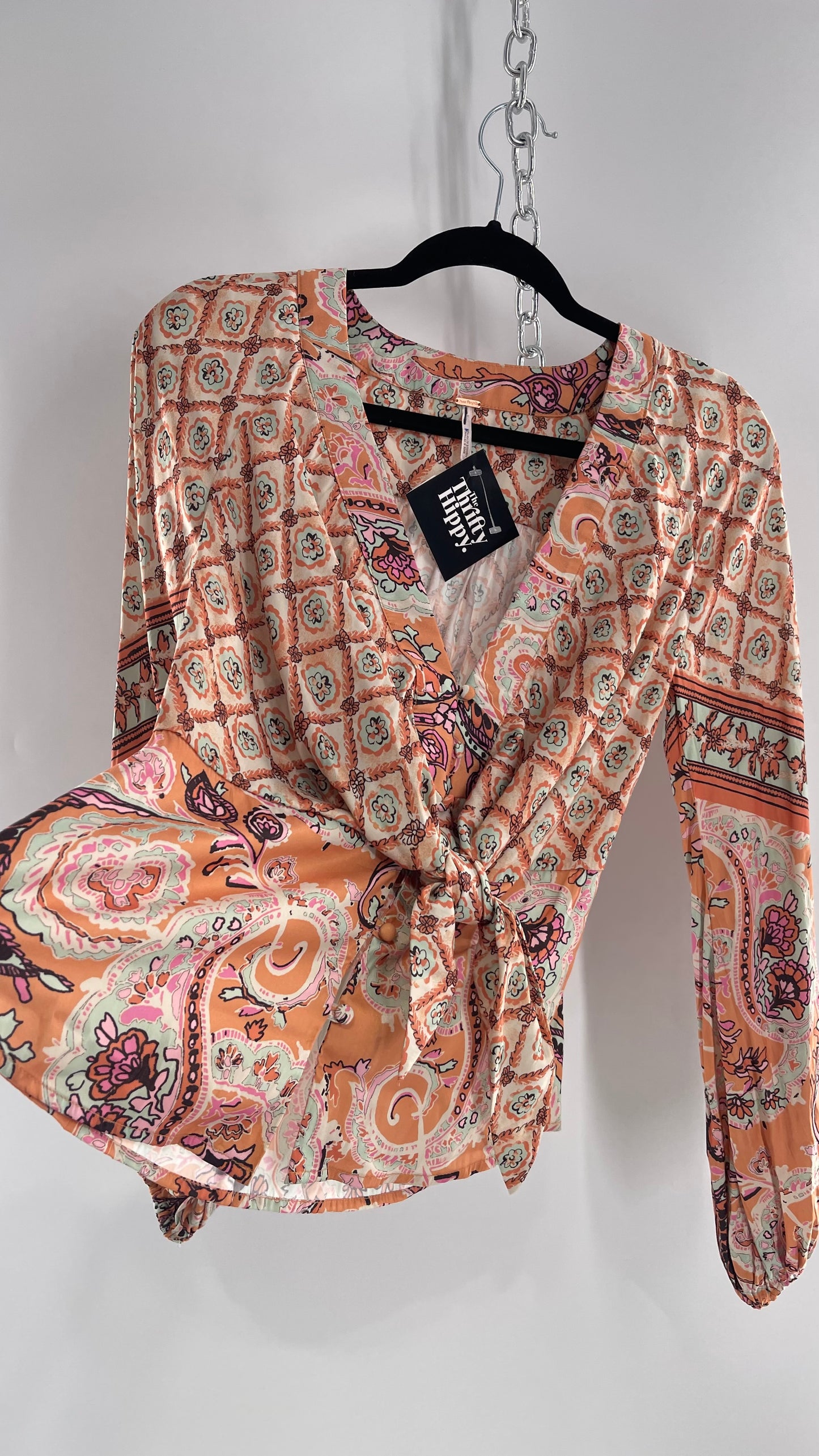 Free People Orange Pastels Paisley Blouse with Bust Tie and Balloon Sleeves (XS)