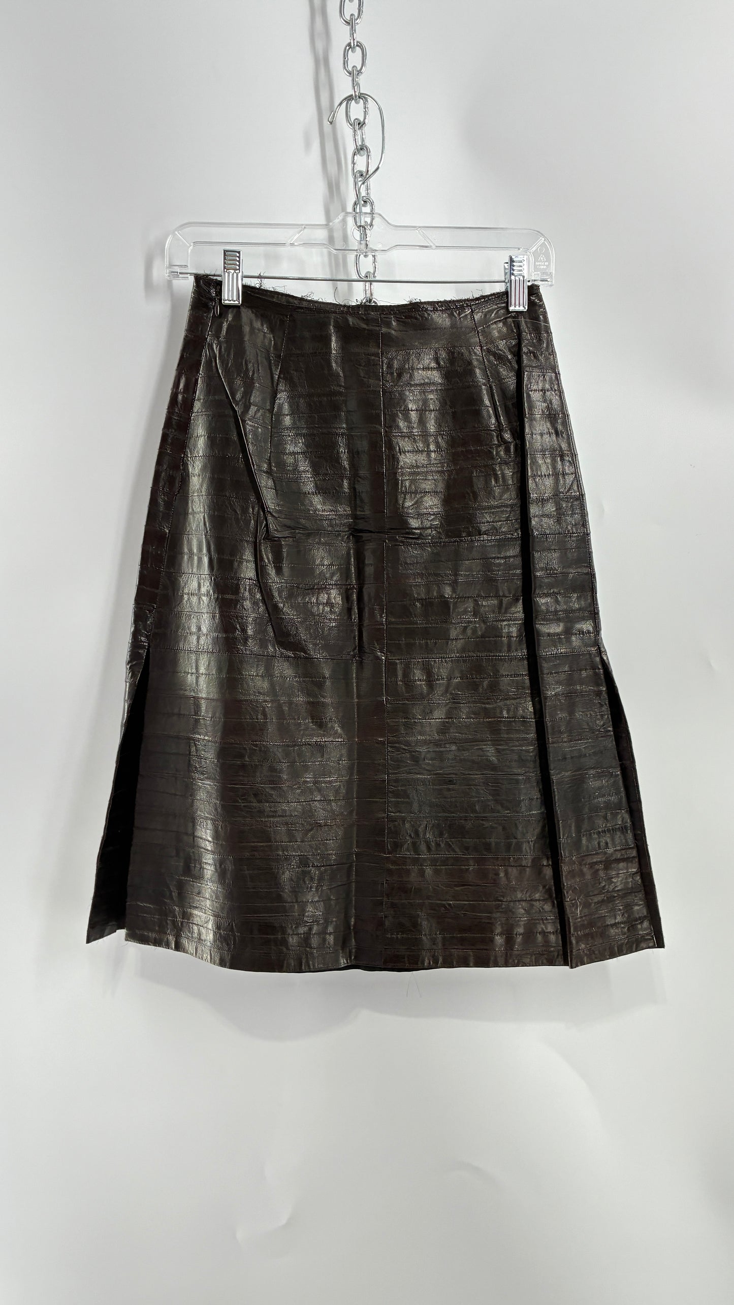 Vintage Handmade Pleated Dark Brown Genuine Leather Patchwork Skirt (XS)