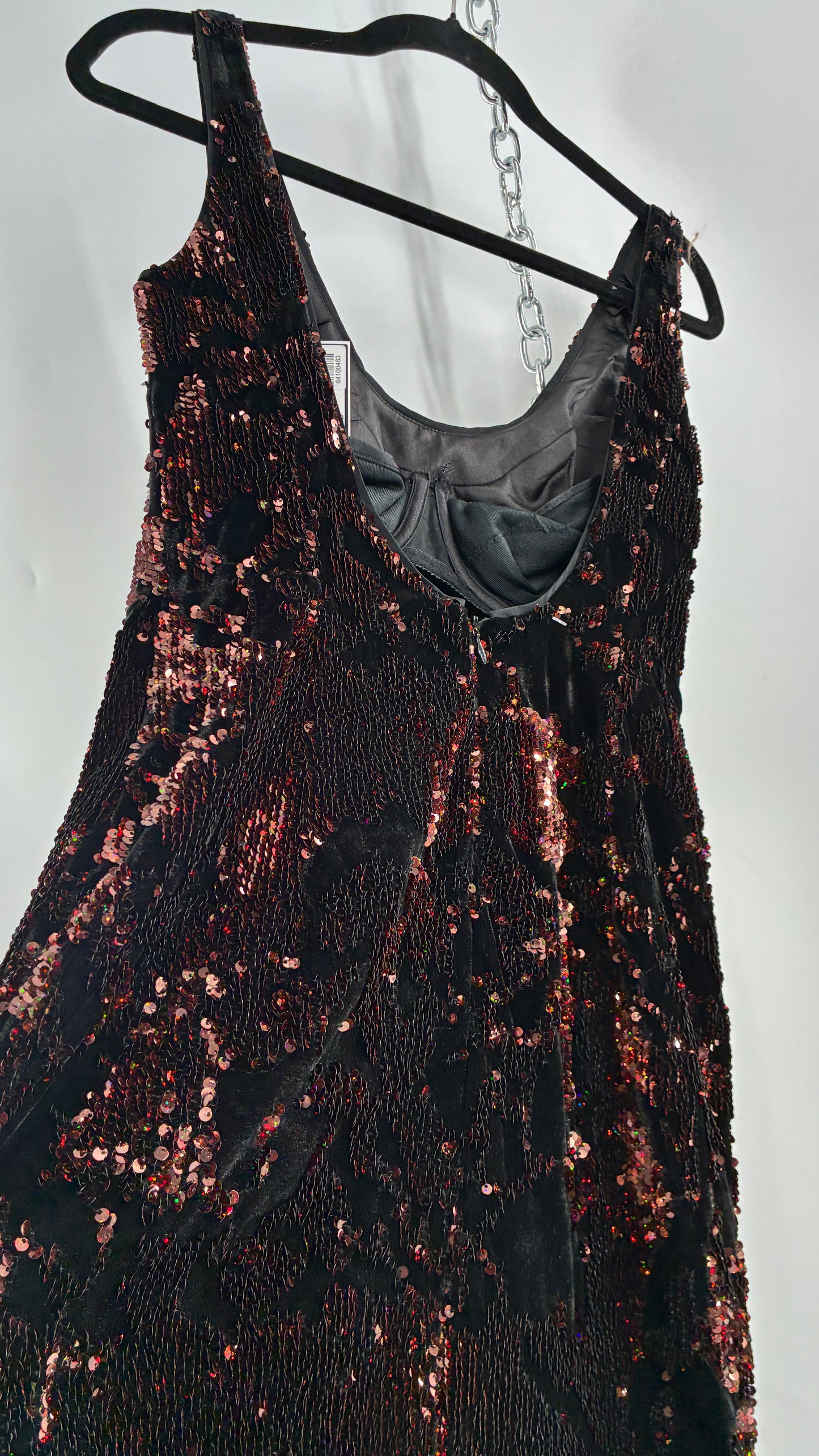 MILLY Cora Velvet, Black and Rose Gold Sequin Mini Dress with Built in Corset (4)