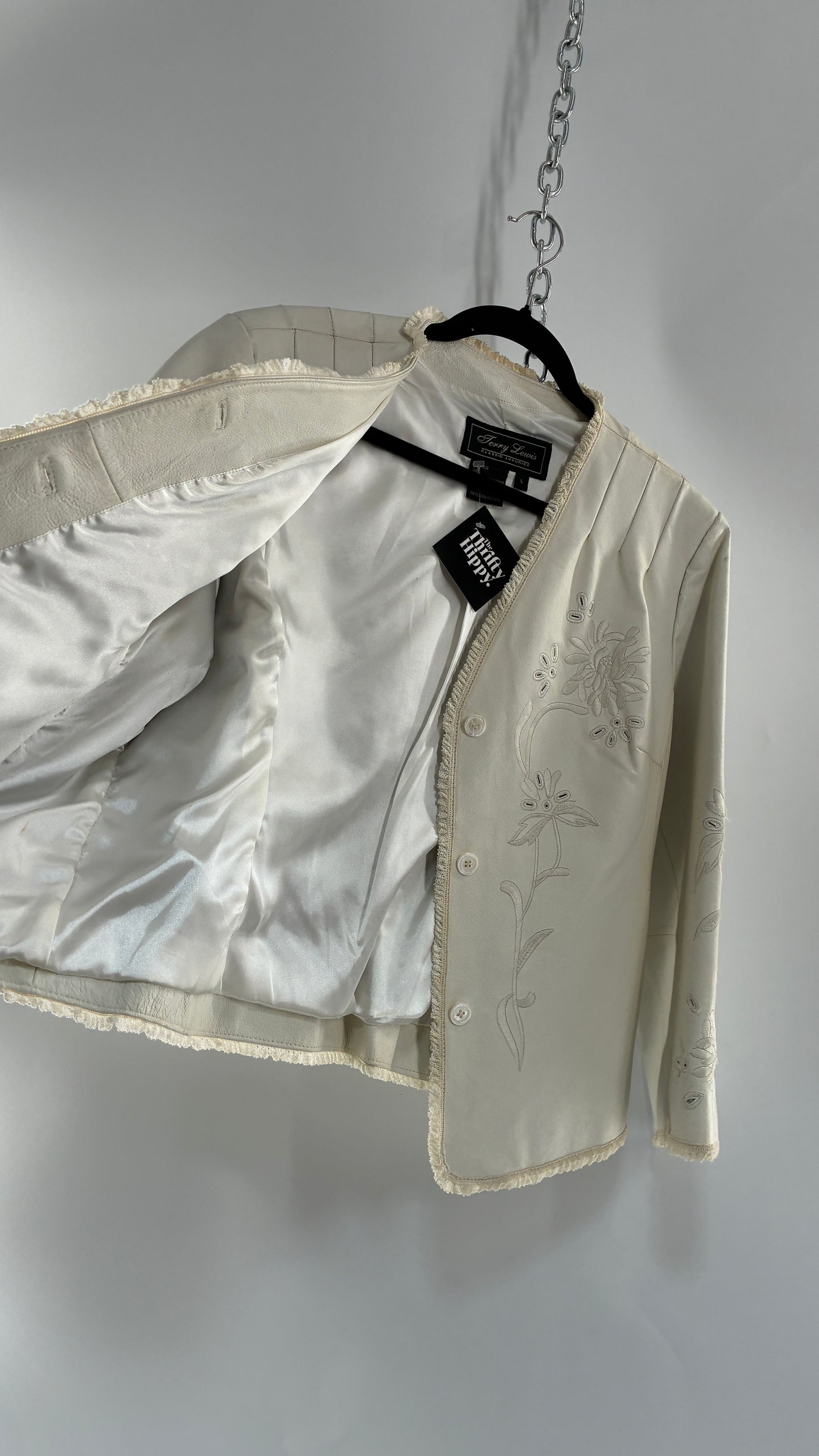 Vintage TERRY LEWIS White Leather Pleated Back, Embroidered Jacket with Lace Trim (Large)