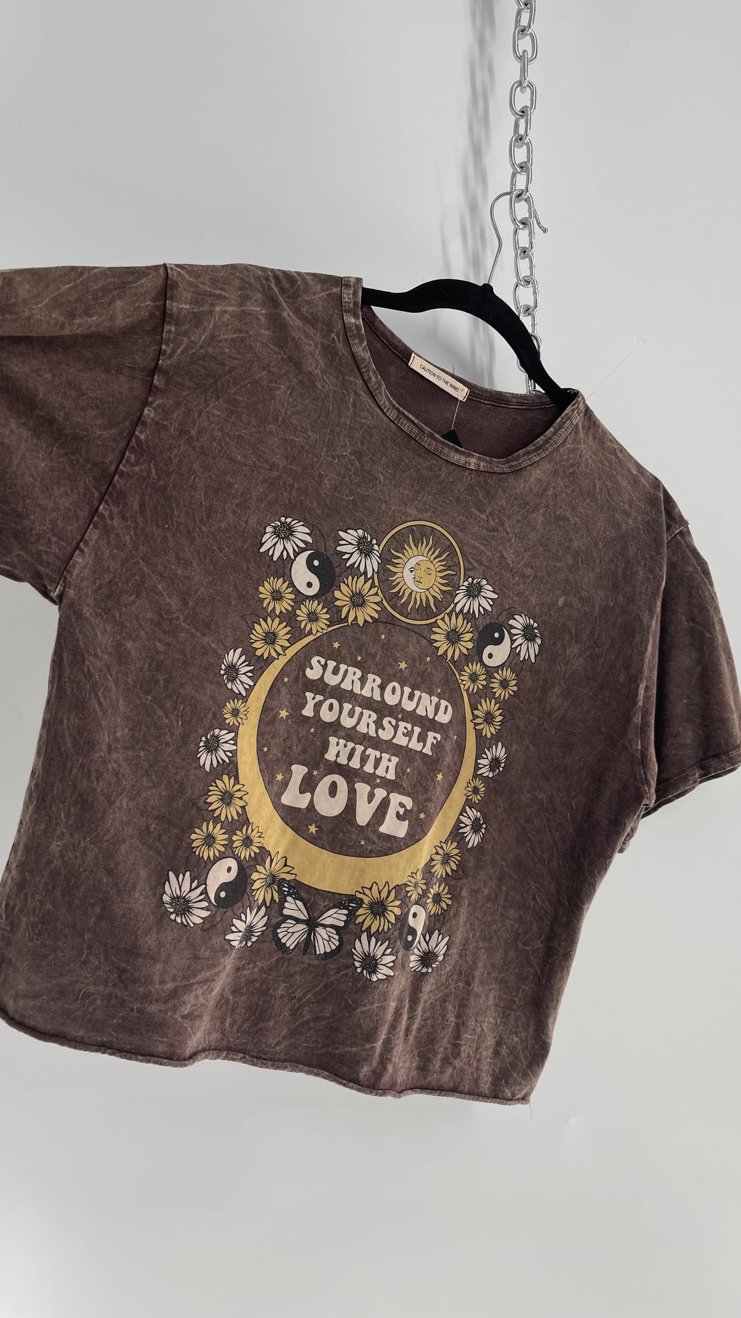 Caution to the Wind Brown Acid Wash T with “Surround Yourself with Love” Hippy Graphic (S/M)