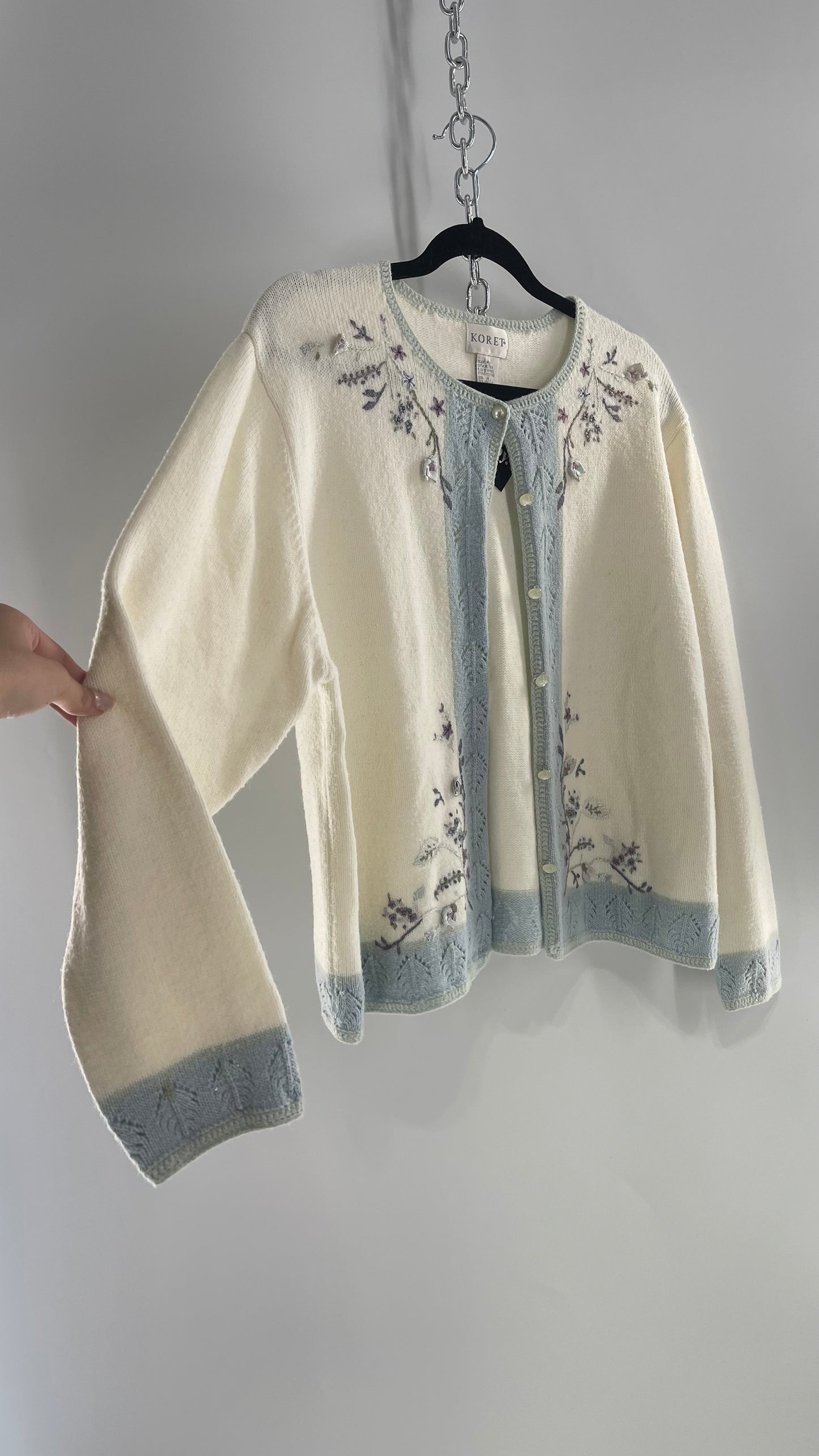 Vintage Cream and Powder Blue Cardigan with Hand Embroidered Details (XL)