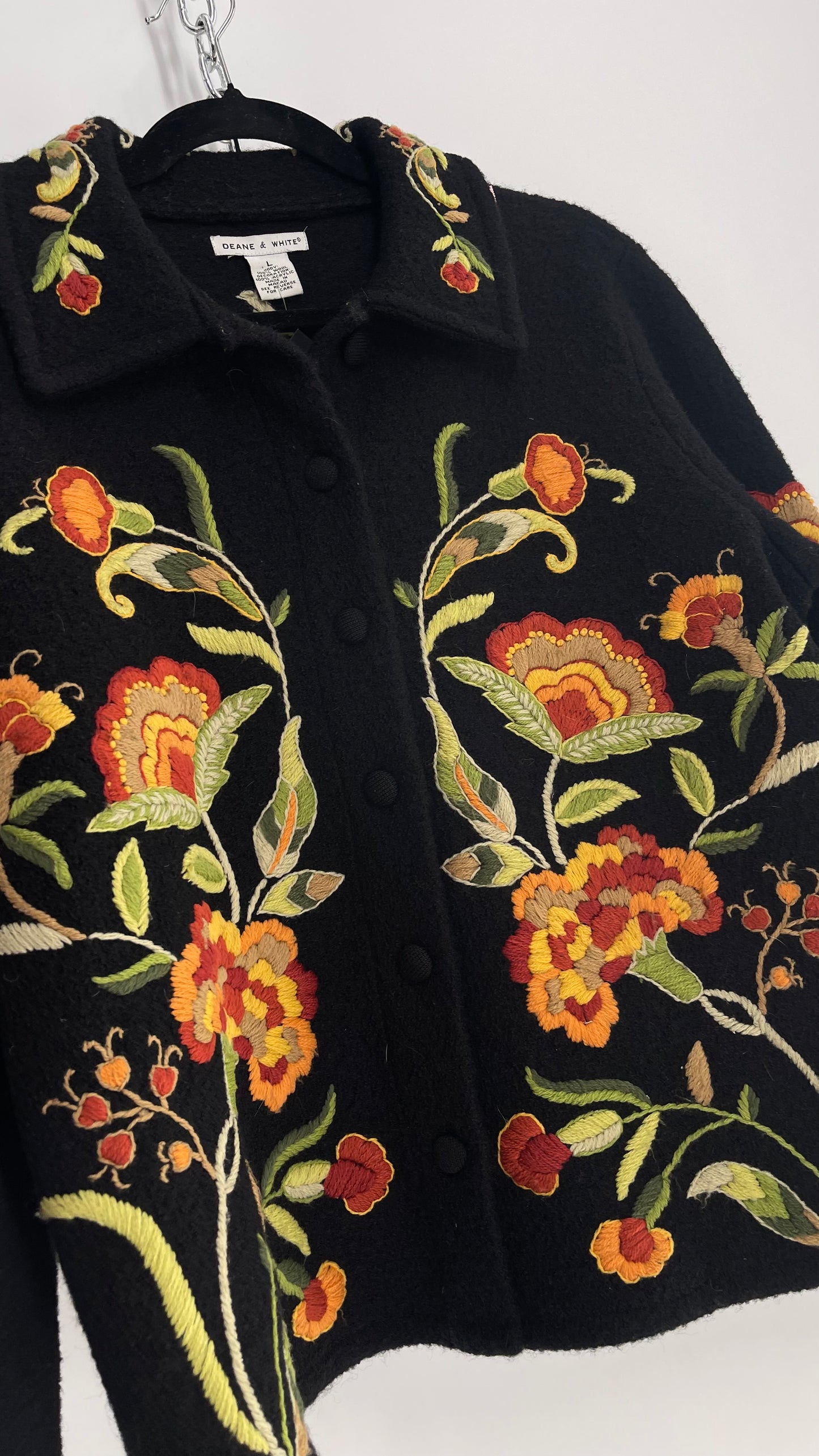 Deane & White Black 100% Wool Orange and Yellow Embroidered Flower Cardigan Jacket (Large)