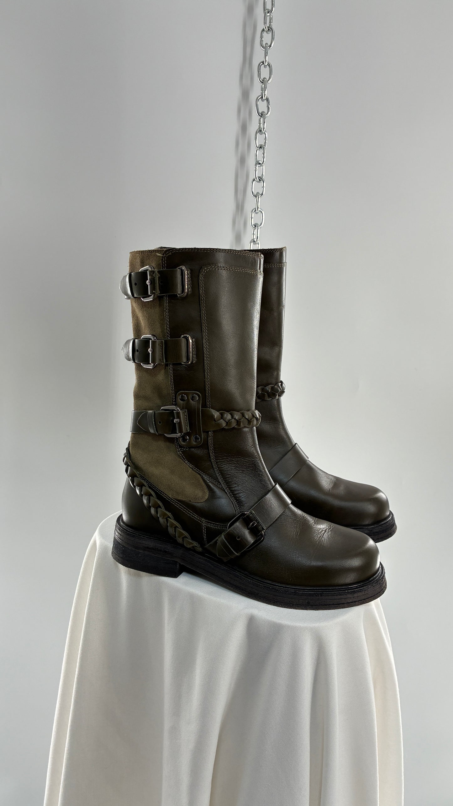 Free People Billie Olive Green Moto Boots with Buckle Closure (7)