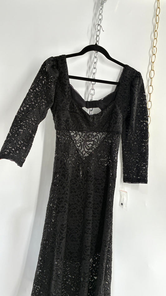 Free People Adored Black Lace Open Back Maxi with Button Bag (Small)