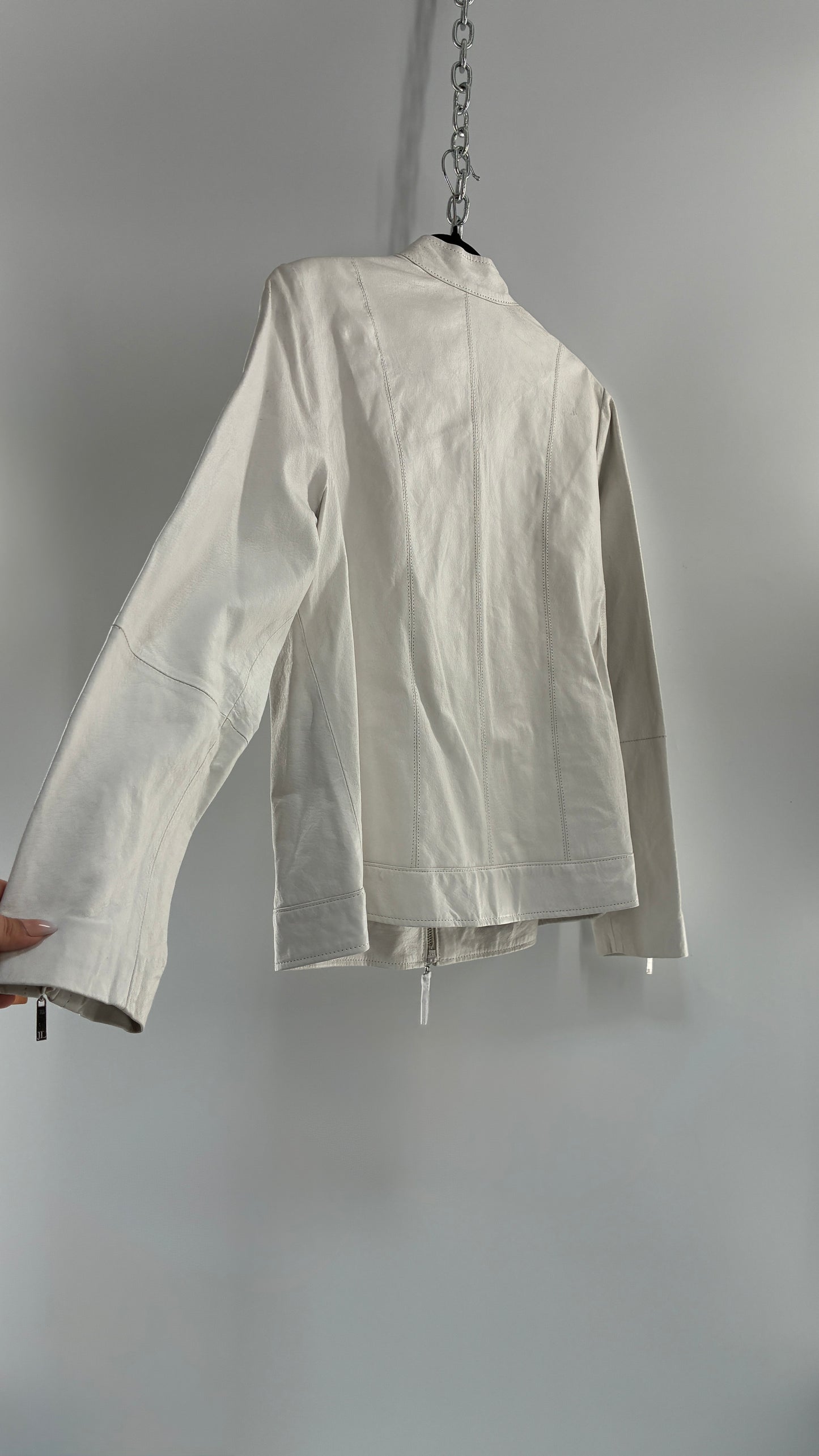 Deadstock Vintage JESSICA LONDON White Genuine Leather Paneled Motorcycle Jacket (16)
