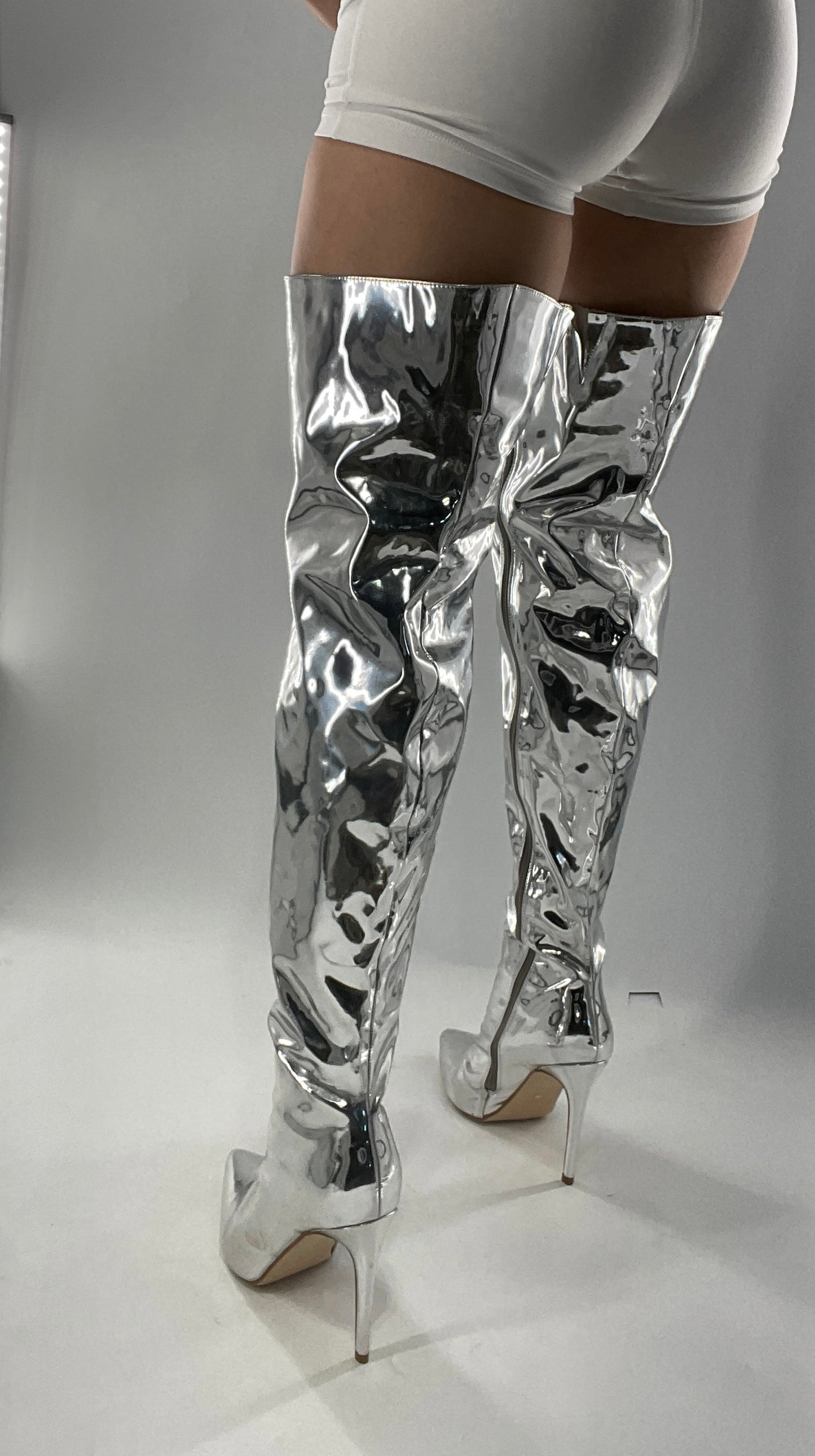 Vintage Chrome Platinum Mirrored Thigh High Molten Metal Sky High Boots Space Cadet/Concert (7)