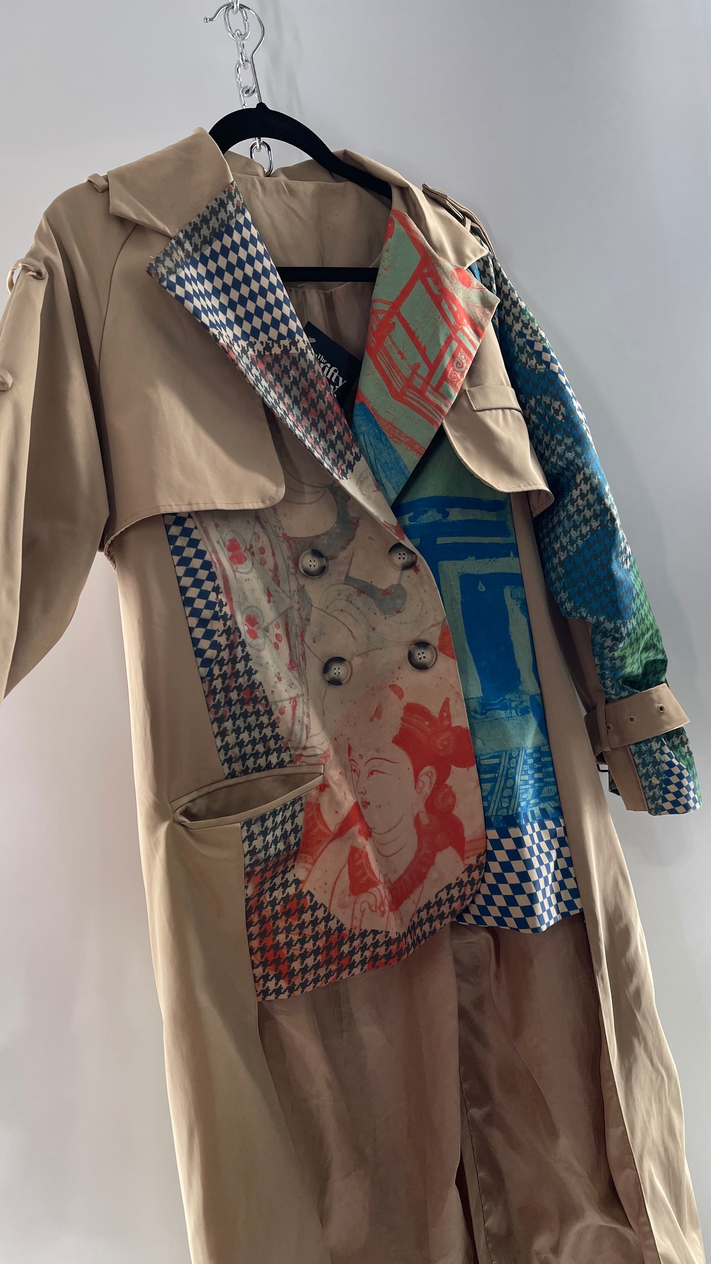 Tan Belted, Double Breasted Trench Coat with Plaid Colorful Graphics and Contrasting Black Zippers (C)(M)