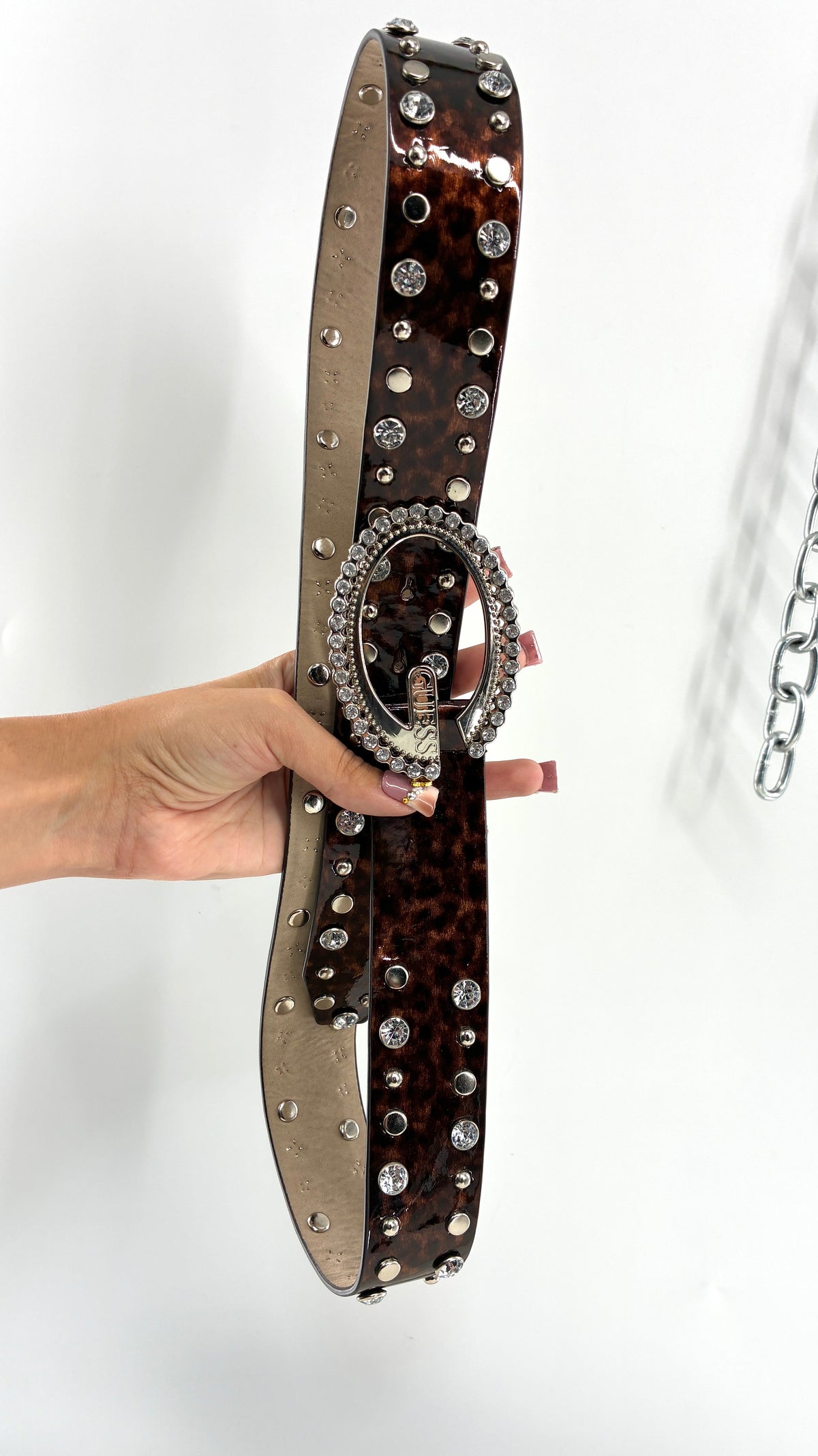 Vintage GUESS Glossy Tortoise/Cheetah Belt Covered in Studs, Crystals and Iconic Buckle (Large)