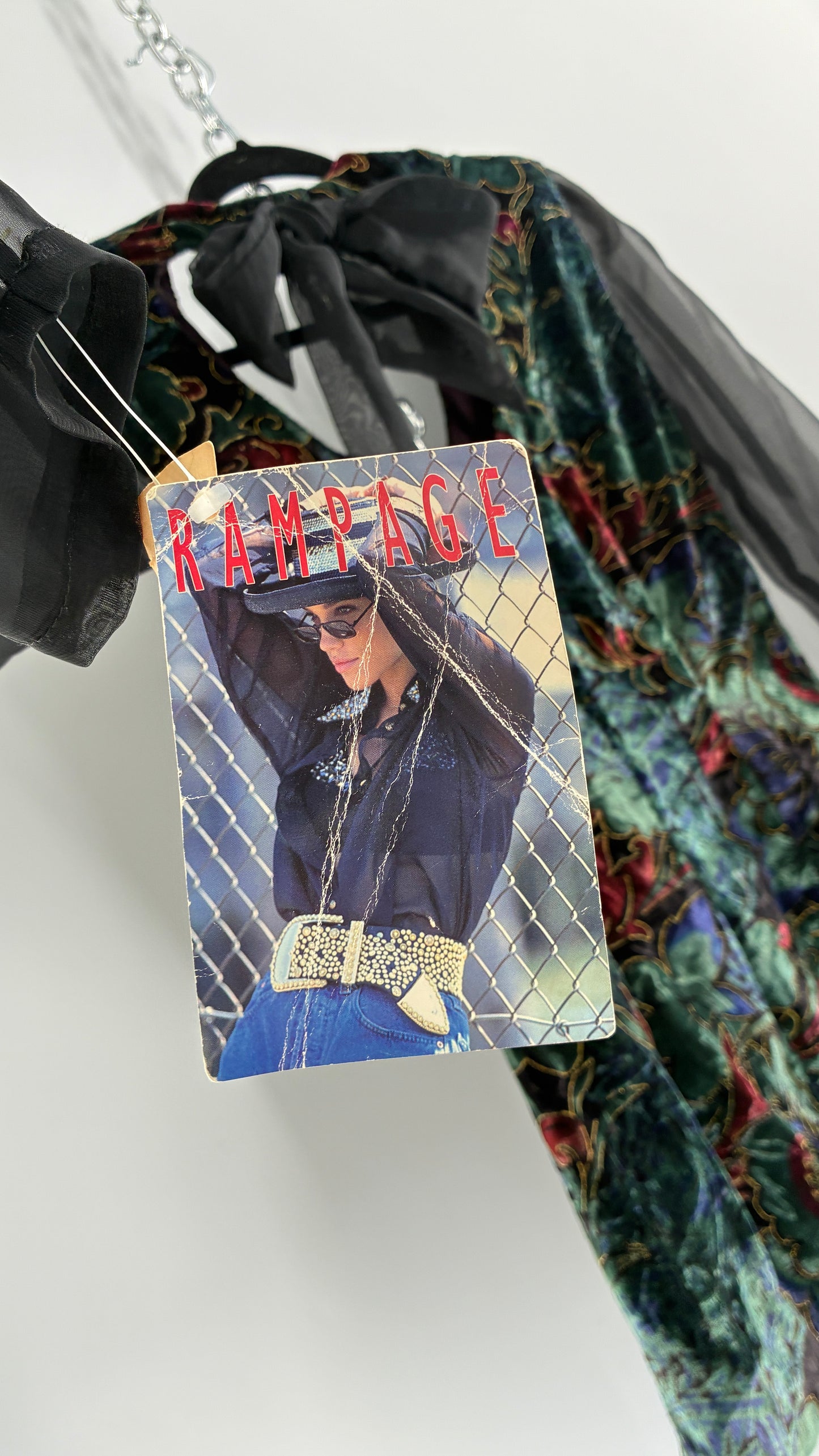 Deadstock Vintage RAMPAGE 1980s Micro Mini Dress Velour with Sheer Bubble Sleeves, Open Back, Elaborate Crystal Buttons and Bow Back Detail (Small)