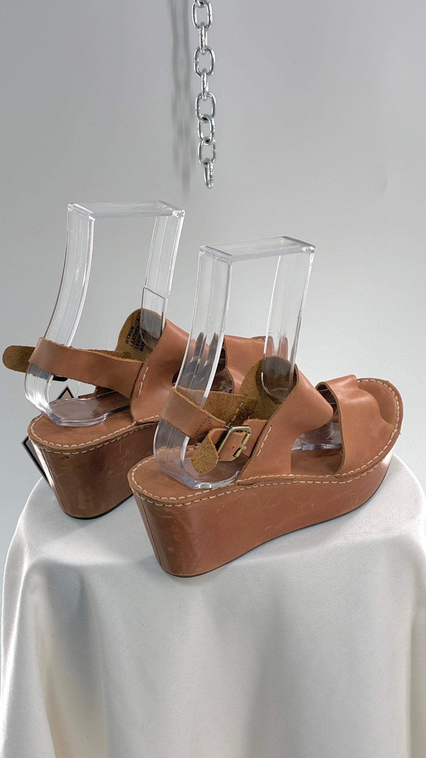 Chocolat Blu Tan Genuine Leather Wedge Platform Sandals (8.5)