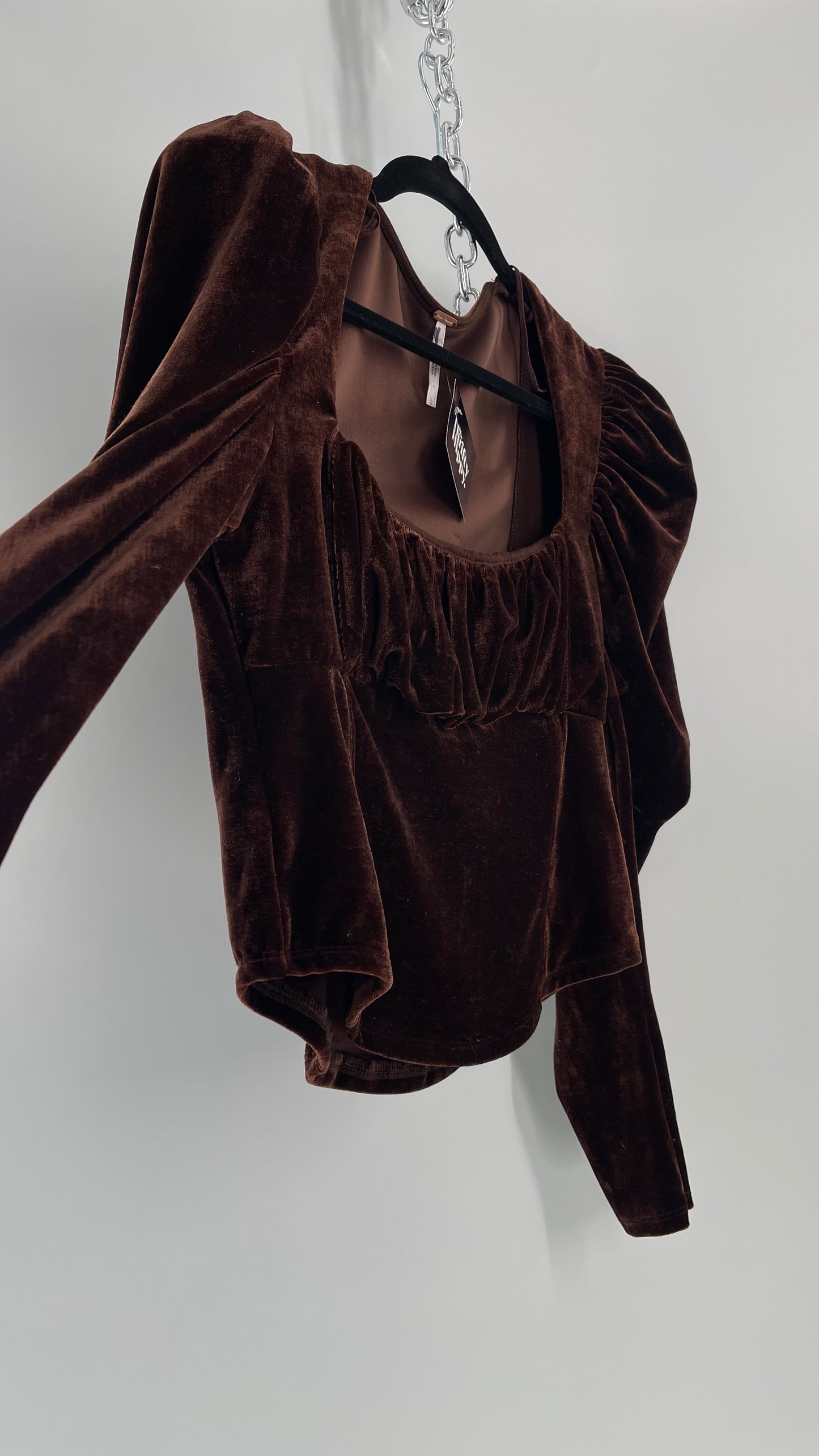 Free People Dark Brown Velvet Long Sleeve Cropped Blouse with Milkmaid Neckline and Renaissance Puff Shoulder (Large)