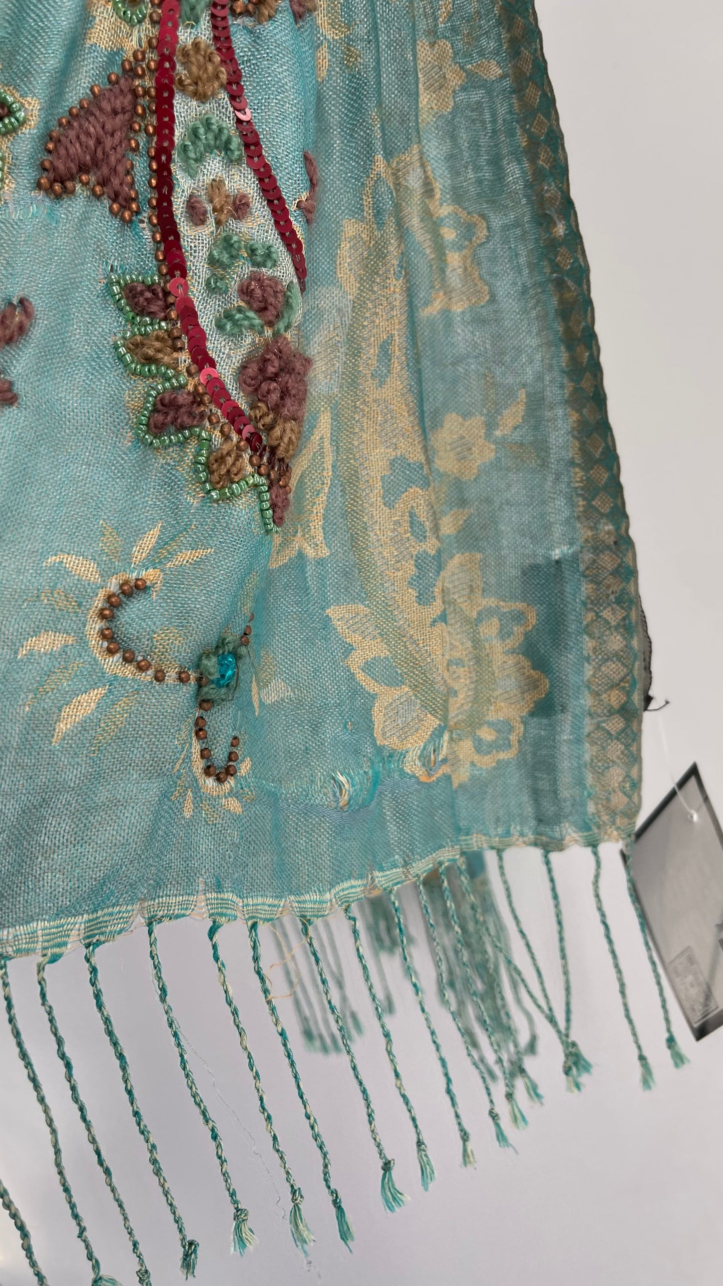 Vintage Tolani 100% Silk Pastel Scarf with Beaded Embroidered Details