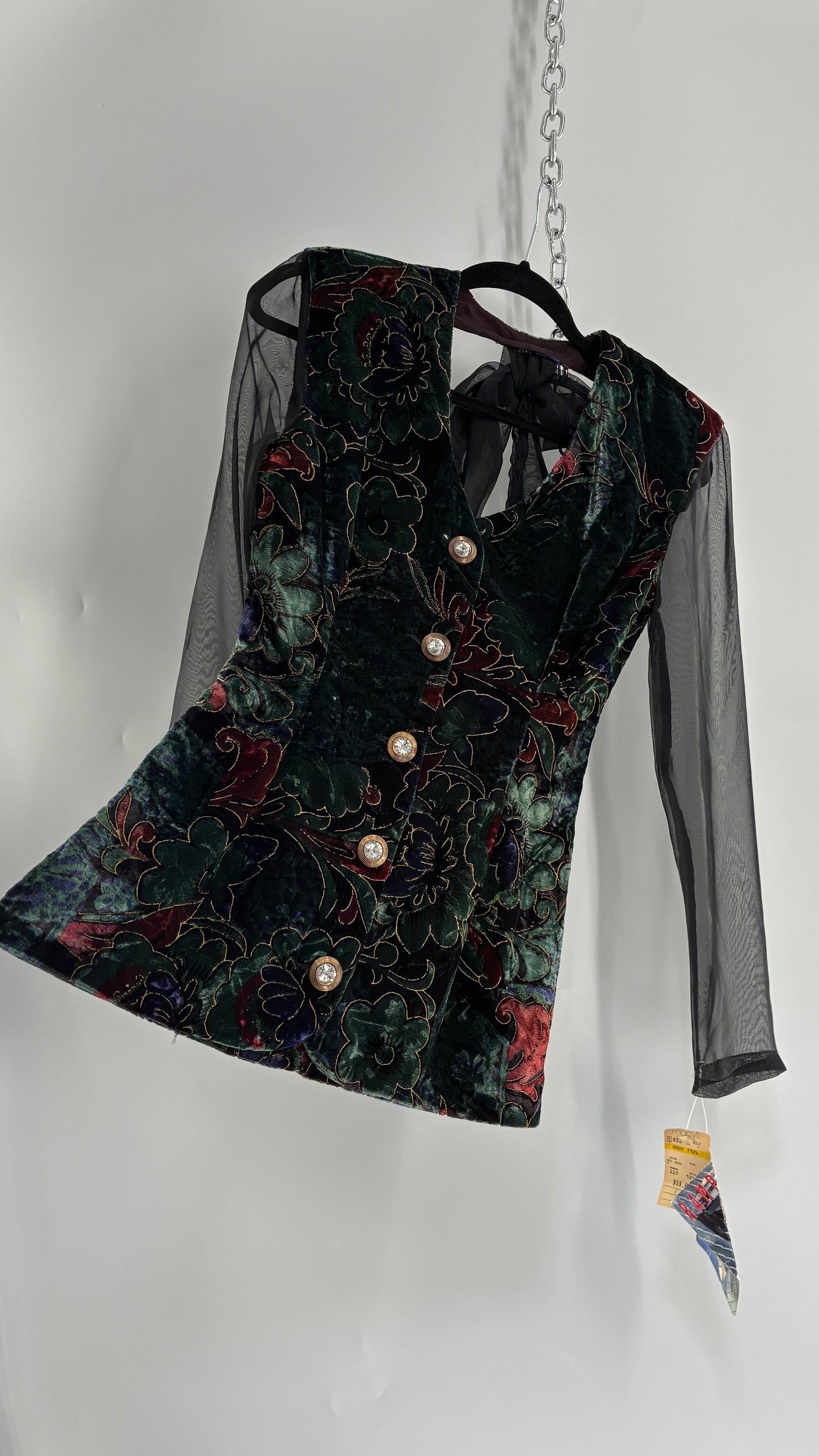 Deadstock Vintage RAMPAGE 1980s Micro Mini Dress Velour with Sheer Bubble Sleeves, Open Back, Elaborate Crystal Buttons and Bow Back Detail (Small)