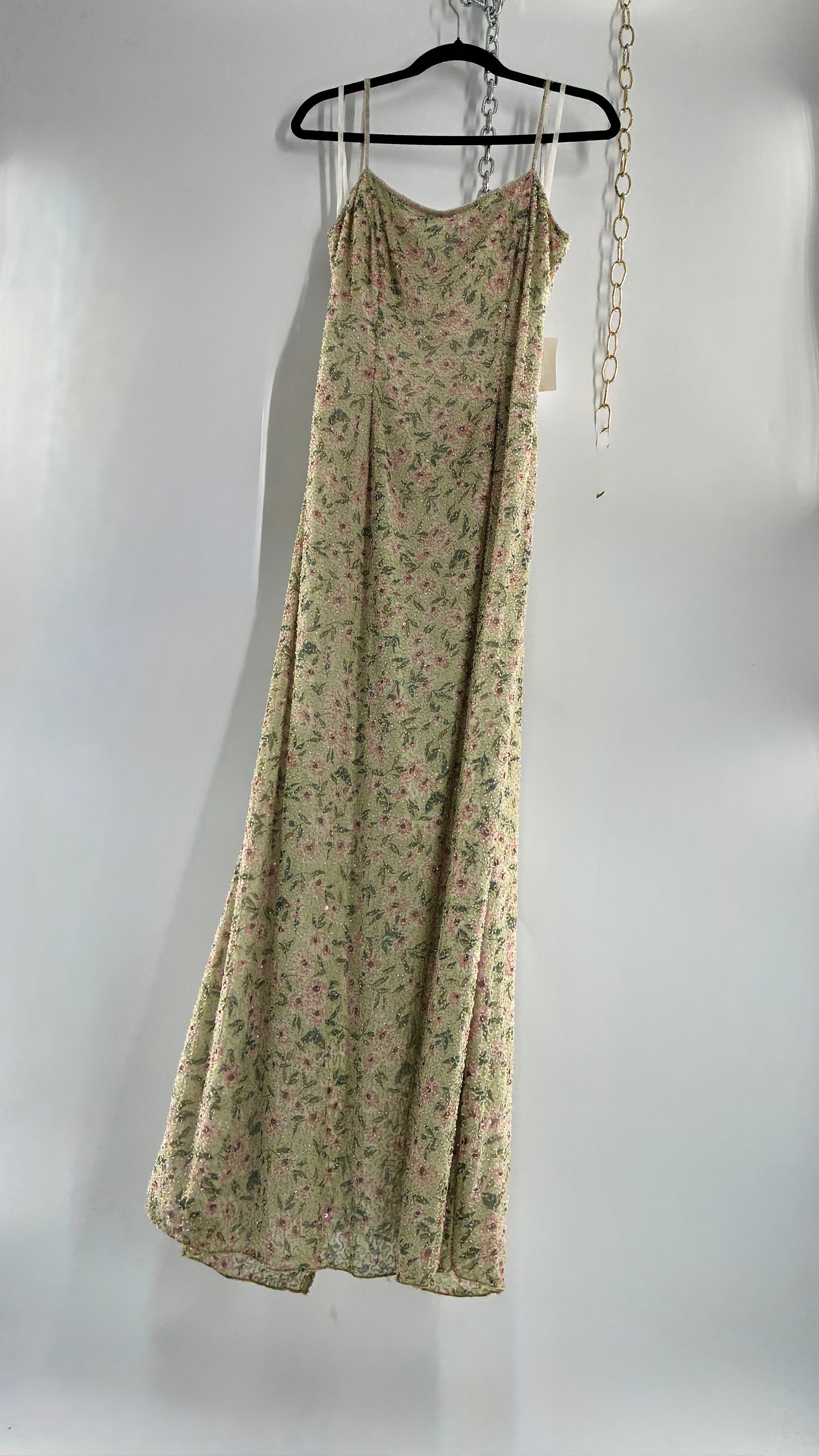 Deadstock Vintage Sage Green Beaded Floral Gown with Open Back, Built in Bust Padding, and Tags Attached (XL)