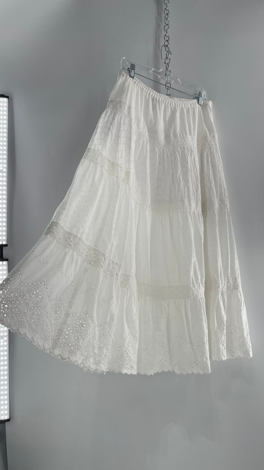 Vintage White Multi Textured Tiered Maxi Skirt (S/M)